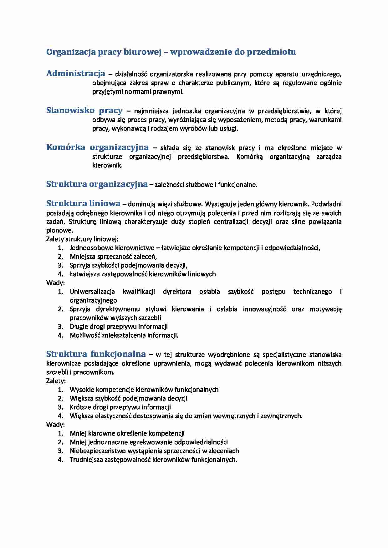 Organizacja pracy biurowej - pojęcia podstawowe - strona 1