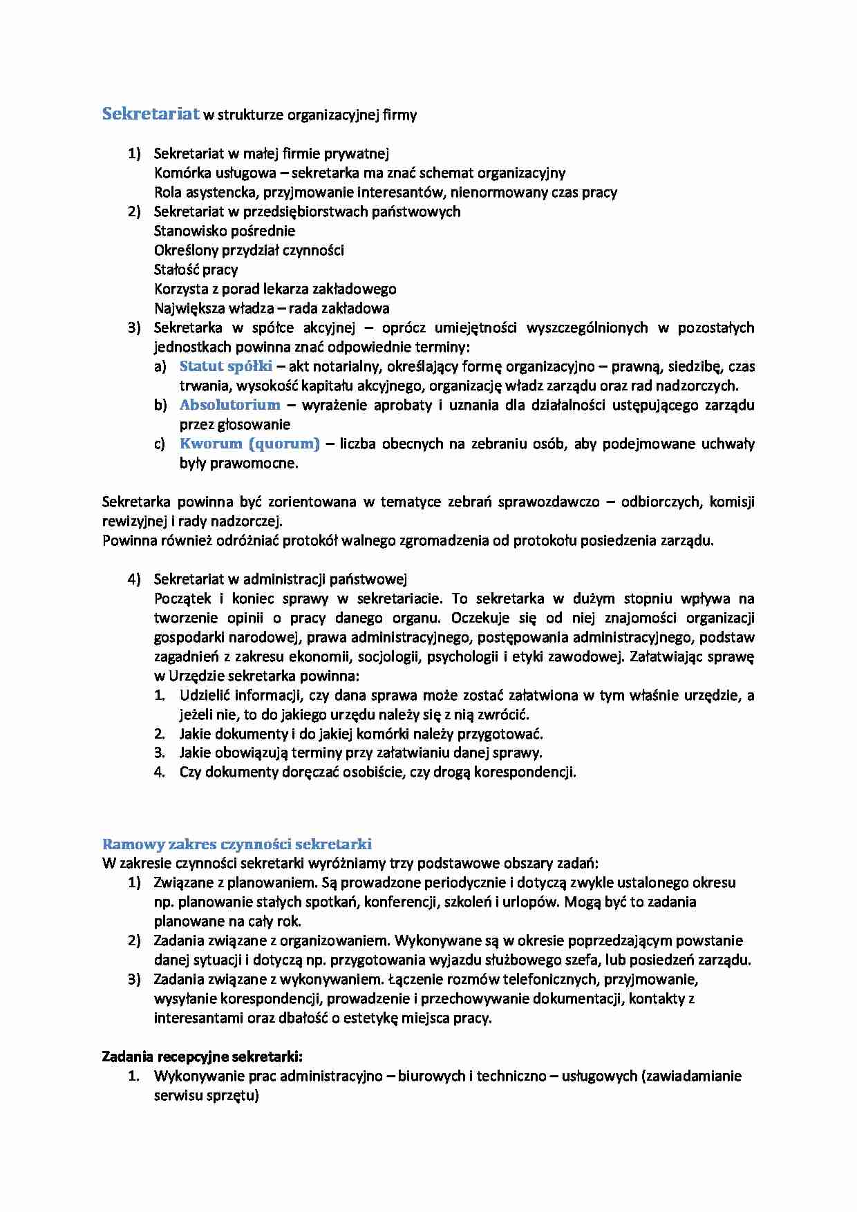 Sekretariat w strukturze organizacyjnej firmy - strona 1