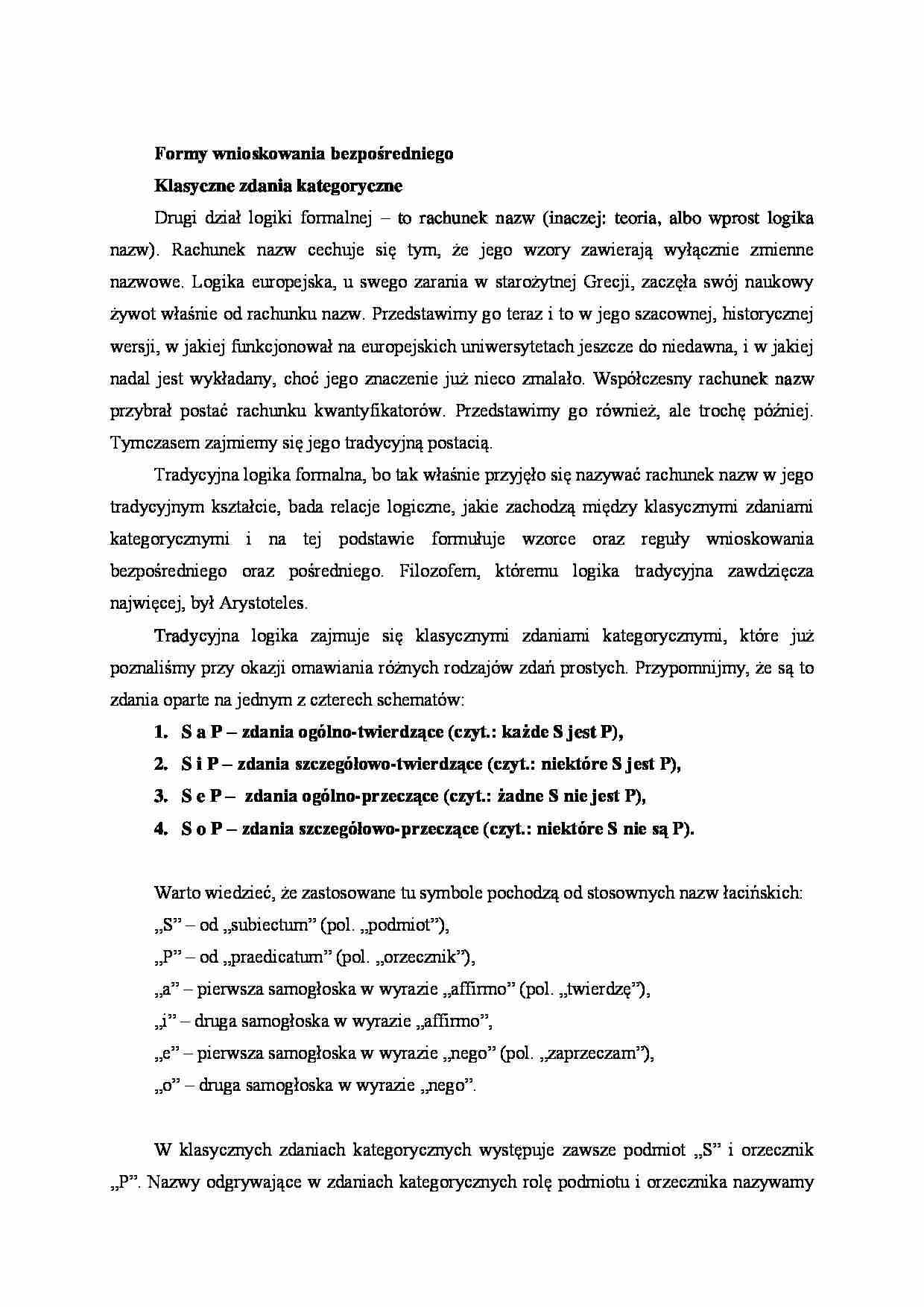 Formy wnioskowania bezpośredniego-klasyczne zdania kategoryczne - strona 1