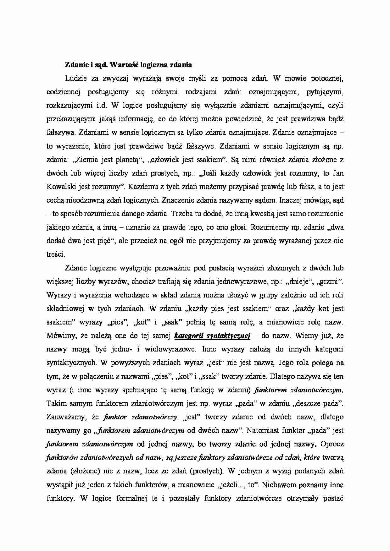 Zdanie i sąd. Wartość logiczna zdania - strona 1