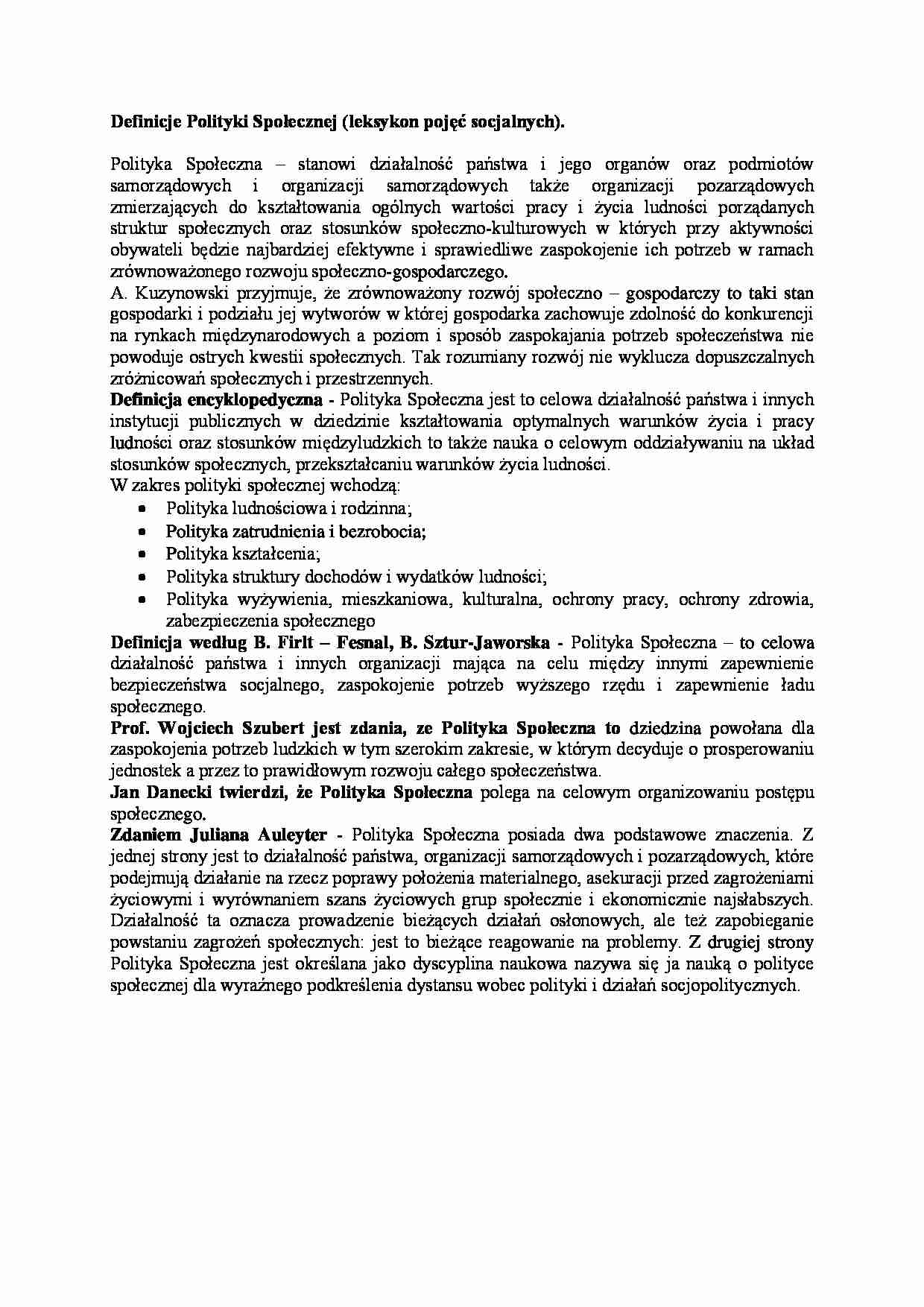 Definicje Polityki Społecznej - strona 1