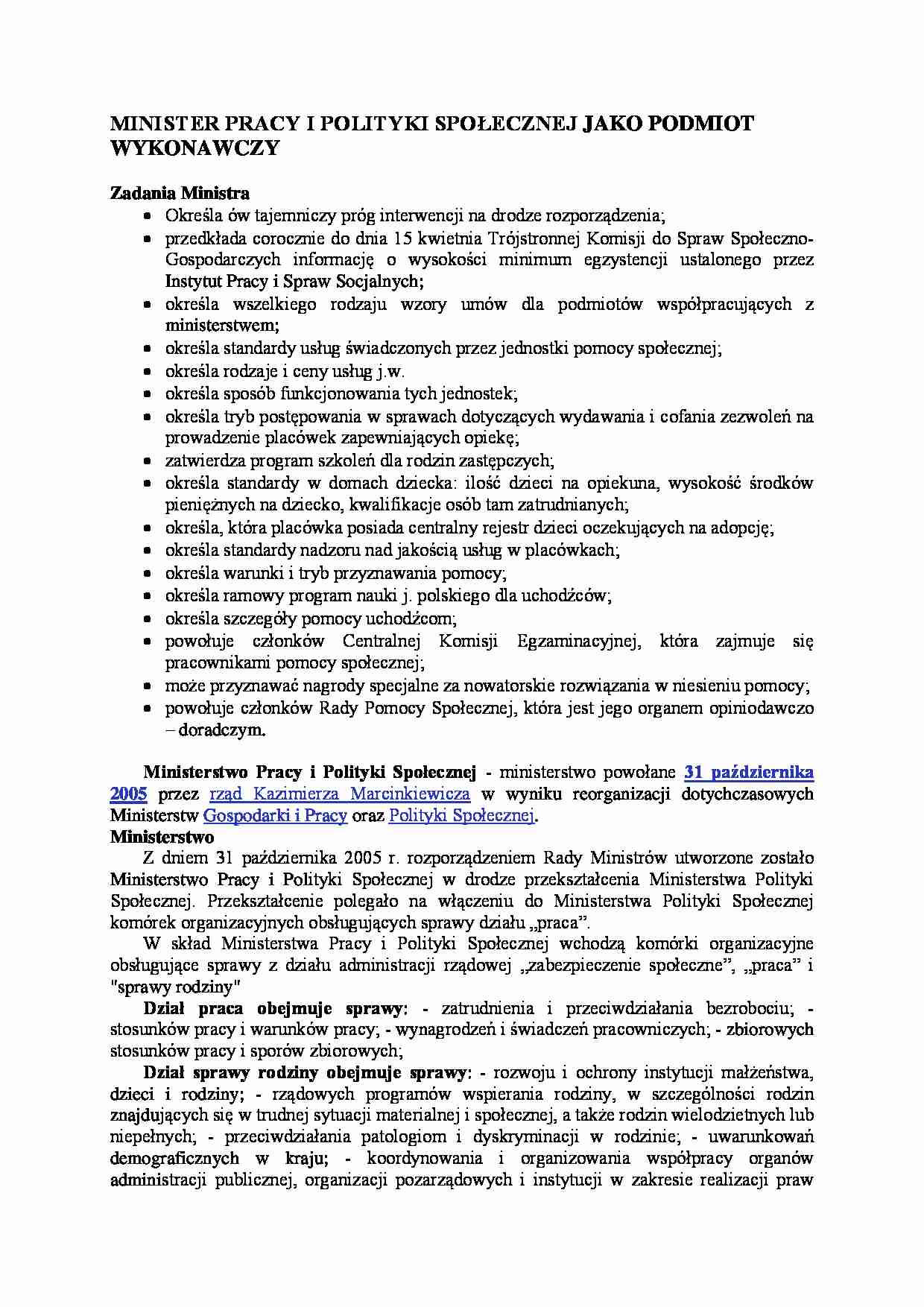 Minister pracy i polityki społecznej jako podmiot wykonawczy - strona 1