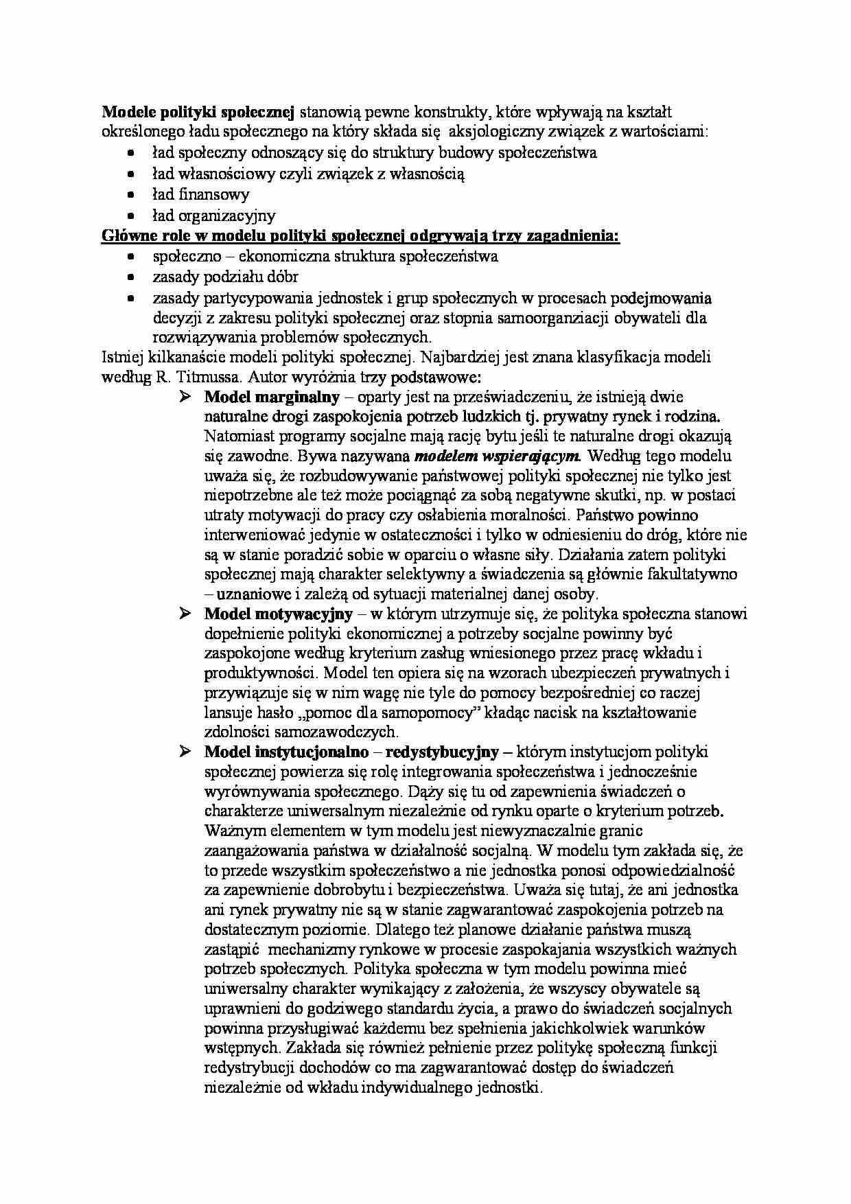 Modele polityki społecznej - strona 1