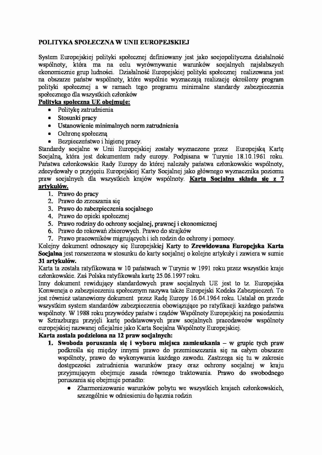 Polityka społeczna w Unii Europejskiej - strona 1