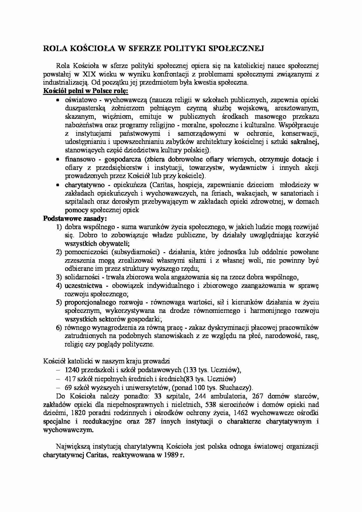 Rola Kościoła w sferze polityki społecznej - strona 1