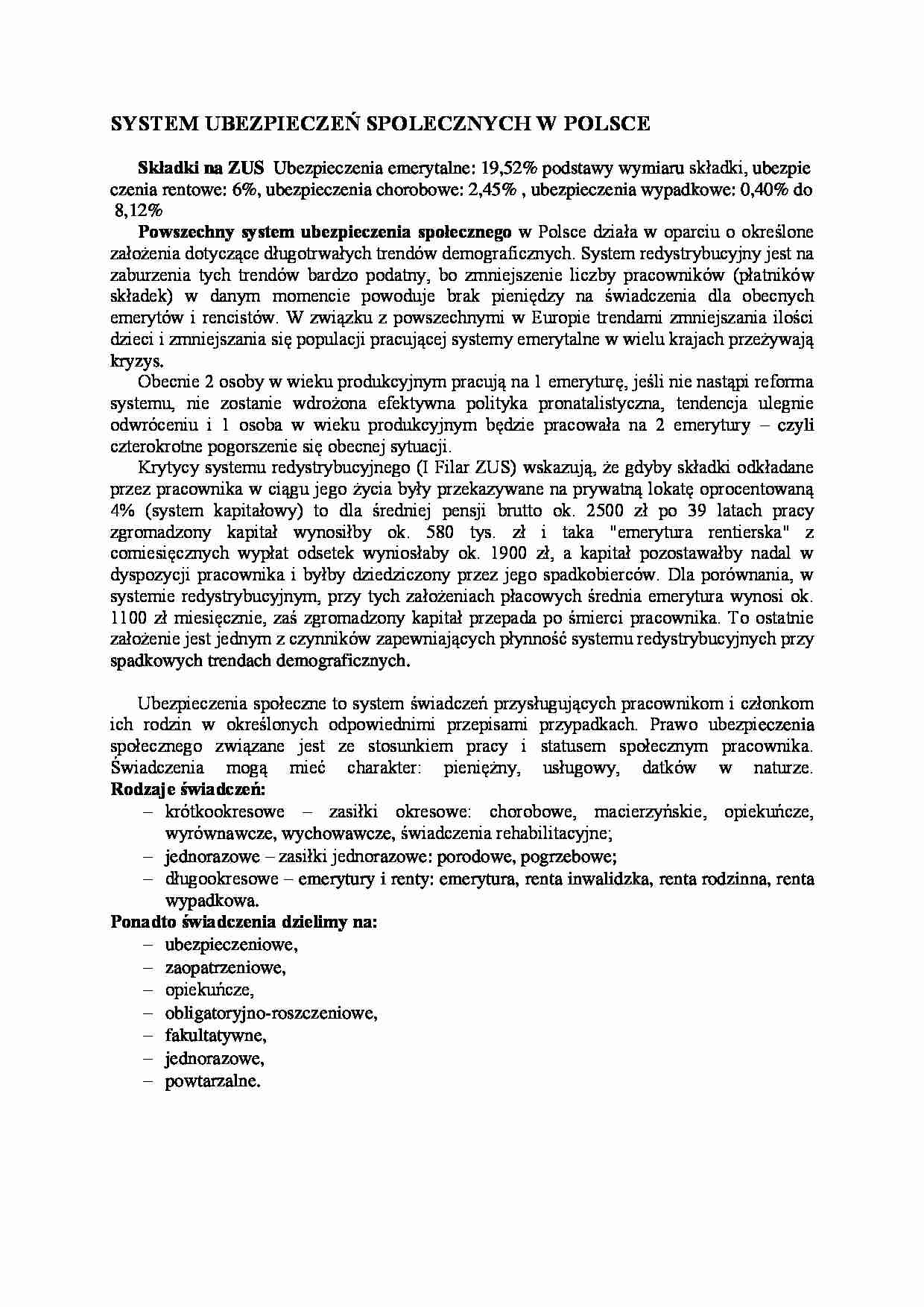 System ubezpieczeń społecznych w polsce - strona 1