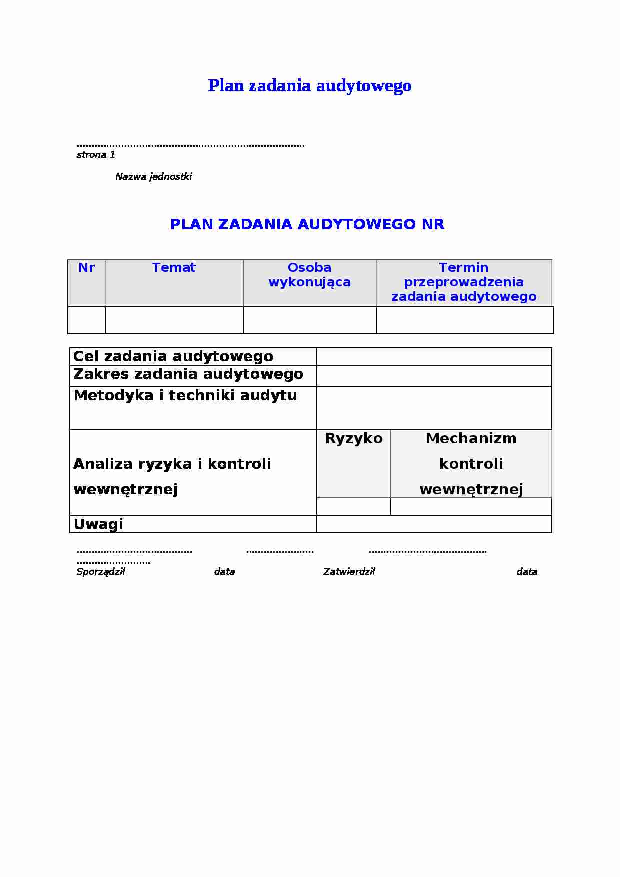 Plan zadania audytowego - wzór - strona 1