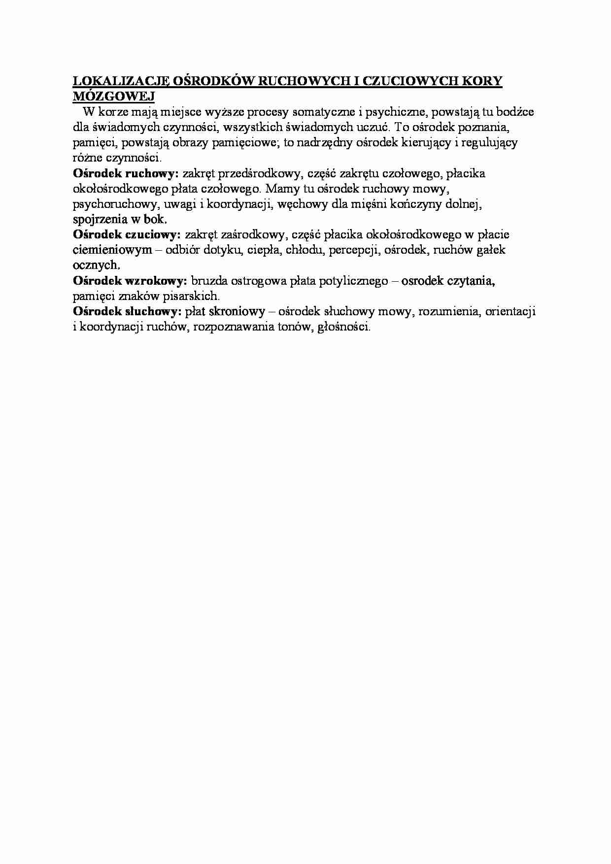 Lokalizacja ośrodków ruchowych i czuciowych kory mozgowej - strona 1