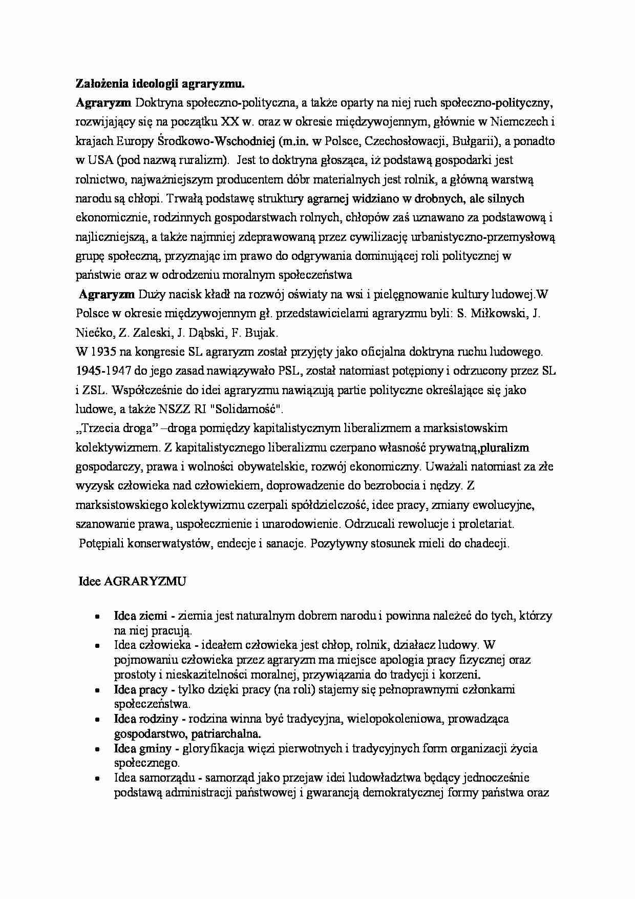 Założenia ideologii agraryzmu - strona 1
