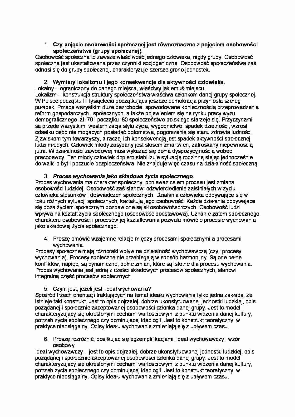 Pytania i odpowiedzi na egzamin - Osobowość społeczna - strona 1