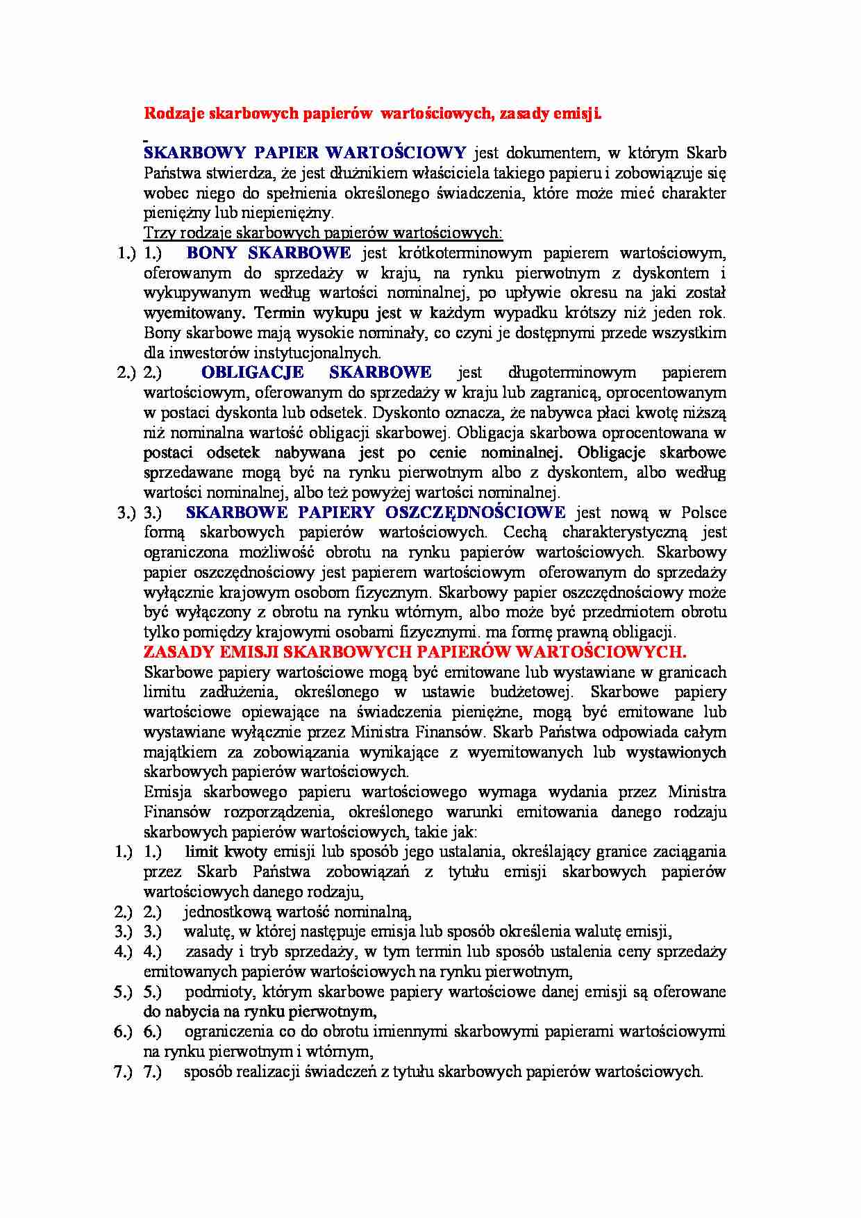 Rodzaje skarbowych papierów  wartościowych, zasady emisji - strona 1