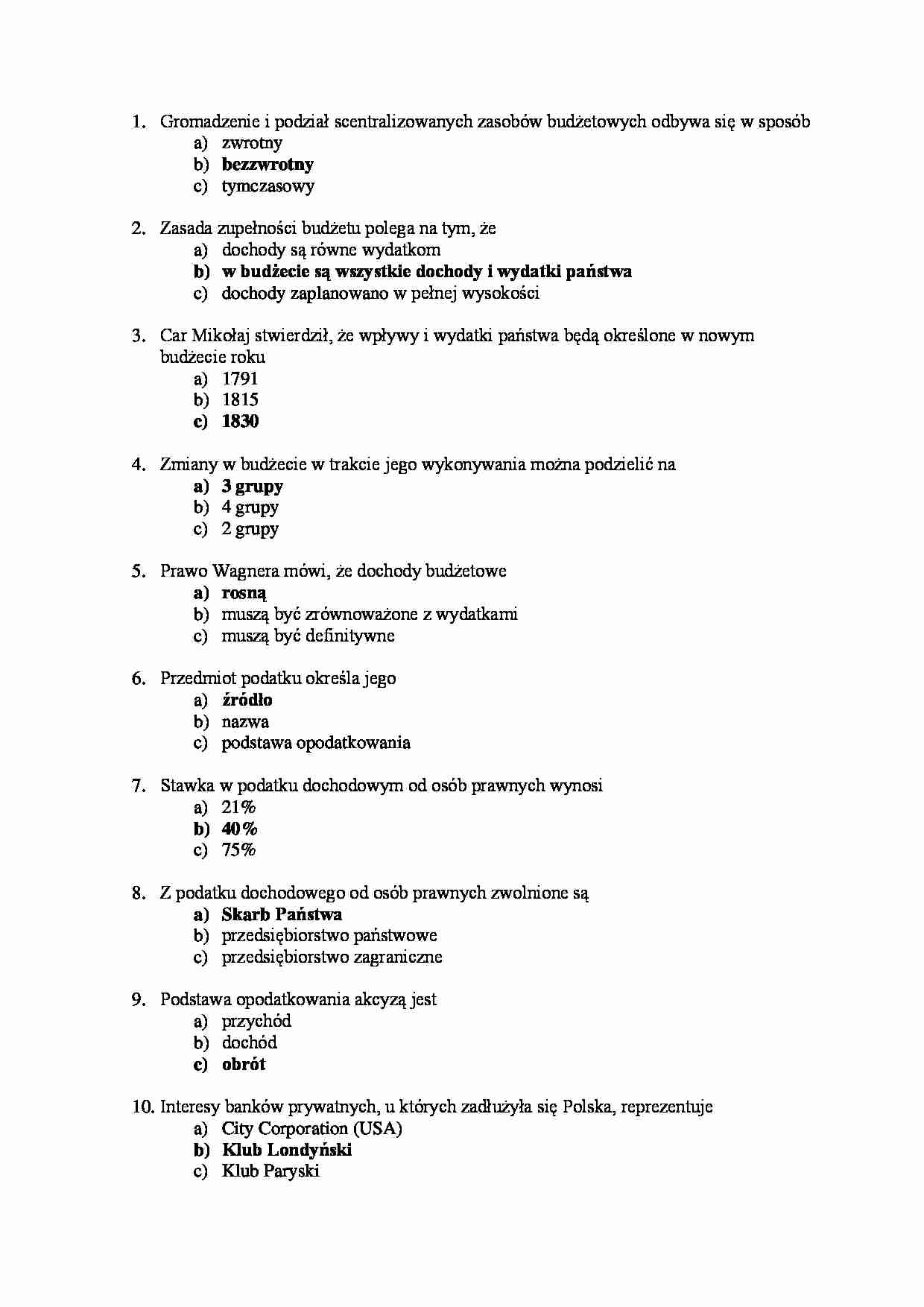 Finanse publiczne - test - Zasada zupełności budżetu - strona 1