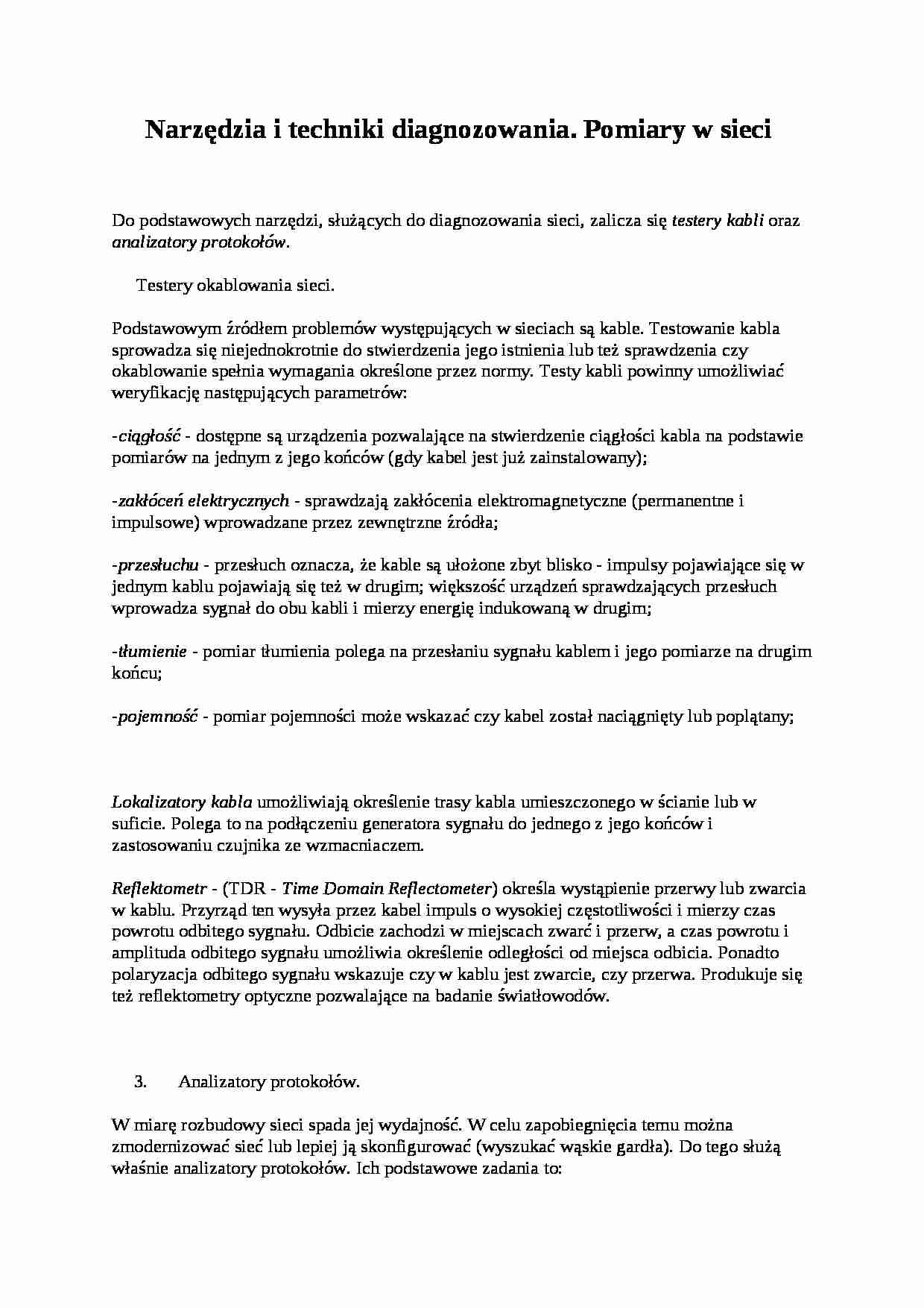 Narzędzia i techniki diagnozowania. Pomiary w sieci - strona 1