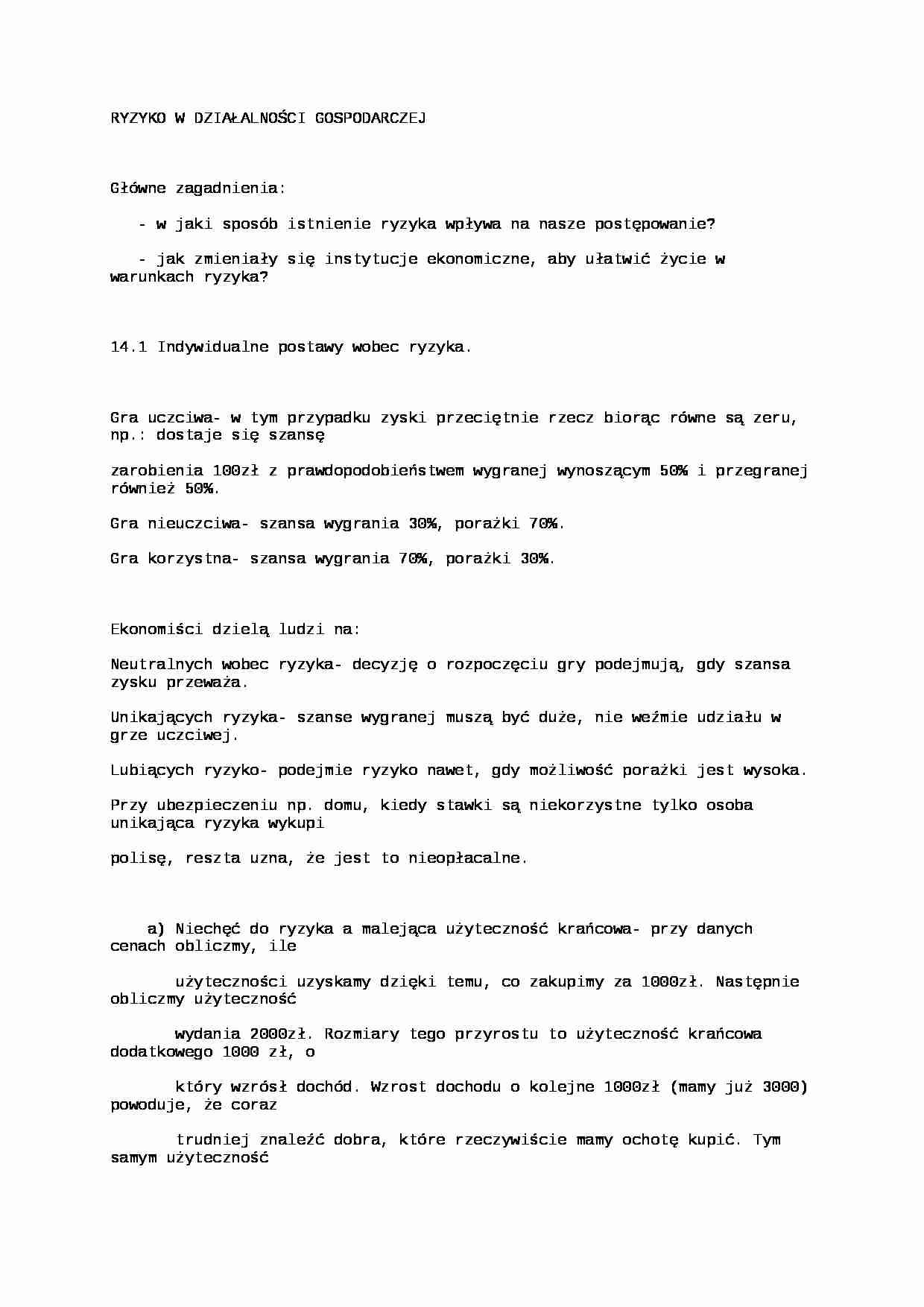 Ryzyko w działalności gospodarczej - Ubezpieczenia - strona 1