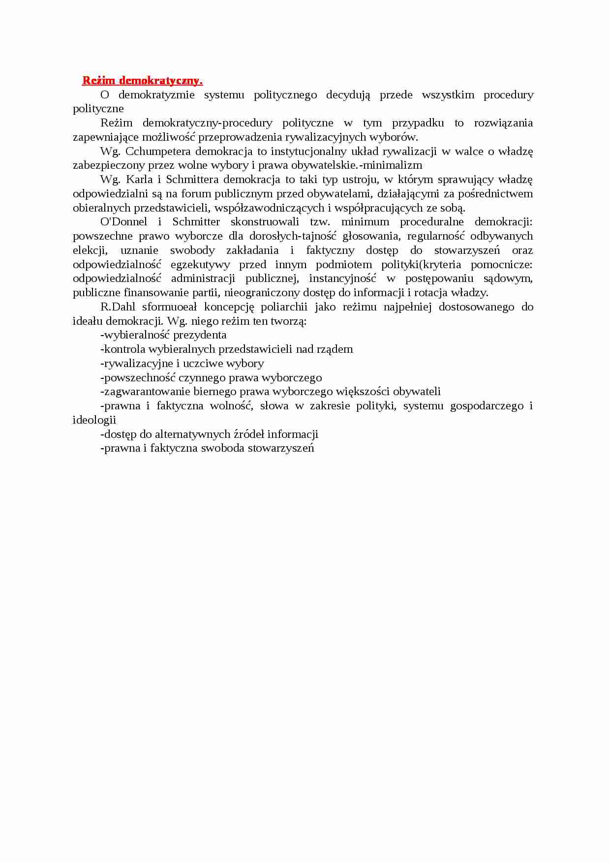 Reżim demokratyczny - opracowanie - strona 1