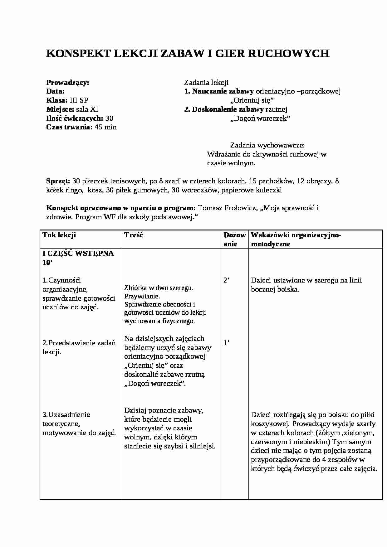 Konspekt lekcji zabaw i gier ruchowych - Zabawa rzutna - strona 1