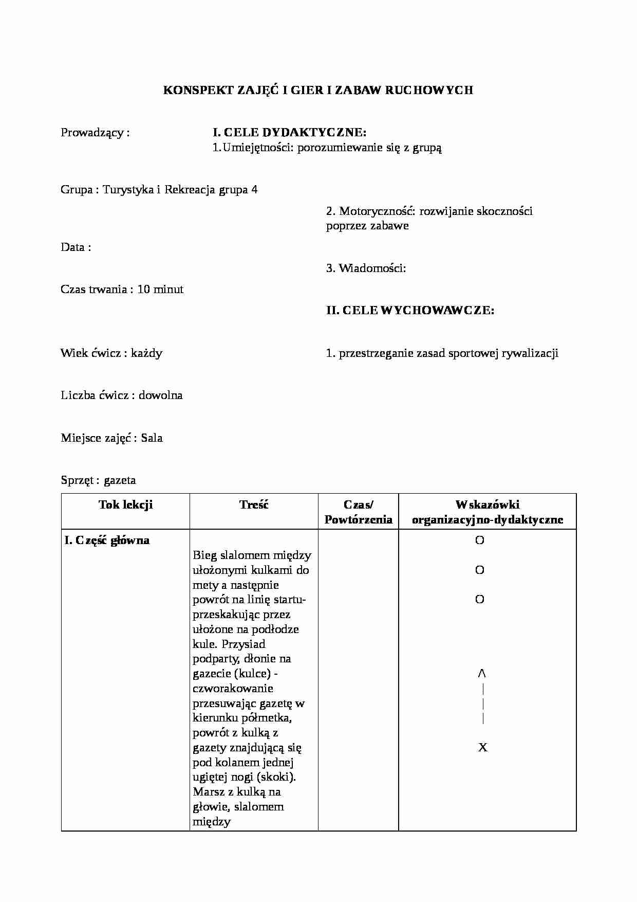 Konspekt z zajęć - gry i zabawy ruchowe - strona 1
