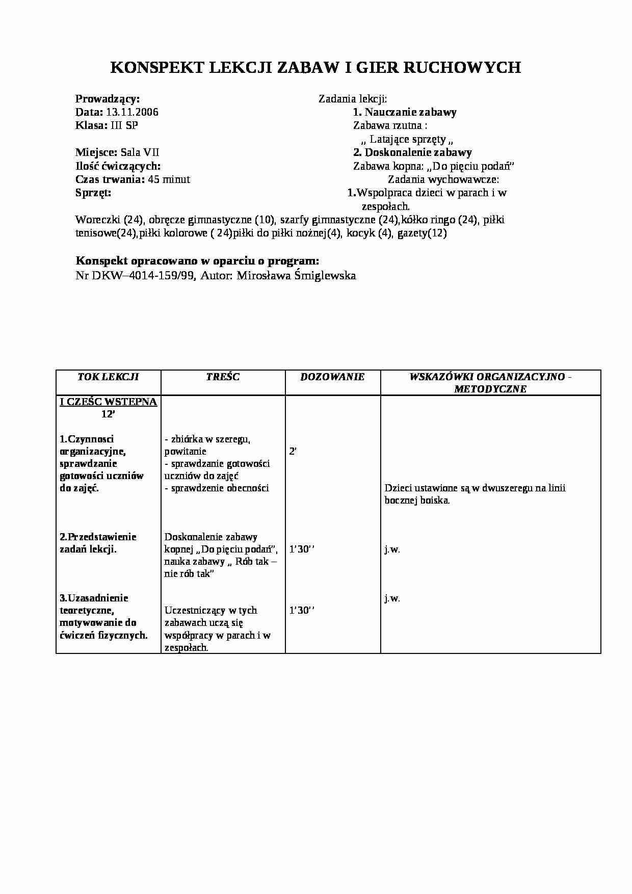 Konspekt lekcji zabaw i gier ruchowych - Ćwiczenia NN - strona 1