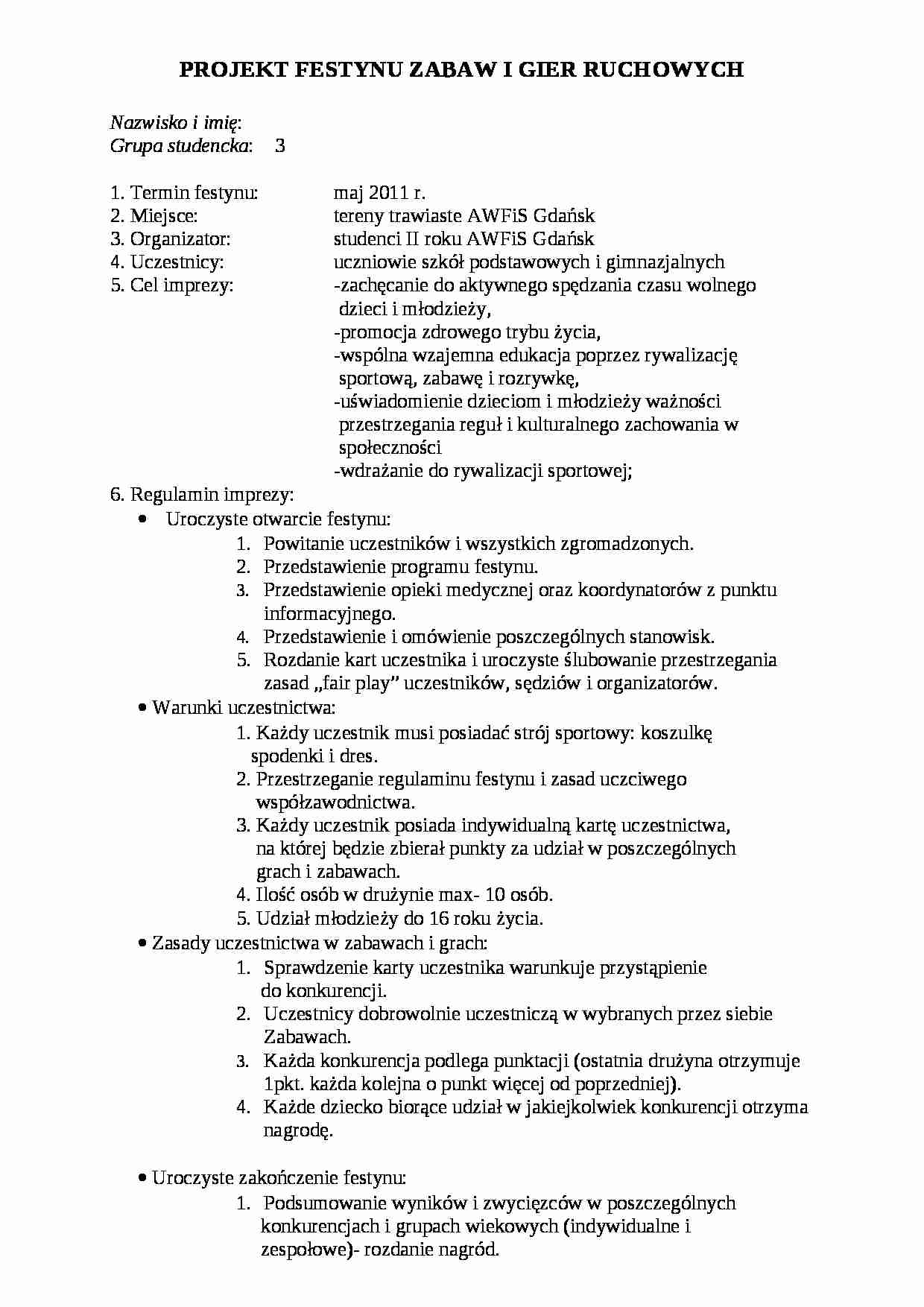 Projekt festynu gier i zabaw ruchowych - strona 1