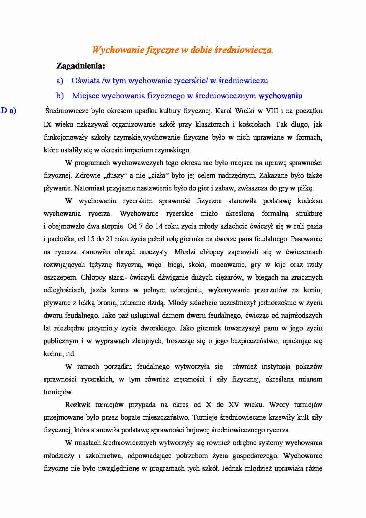 Wychowanie fizyczne w dobie  średniowiecza - strona 1