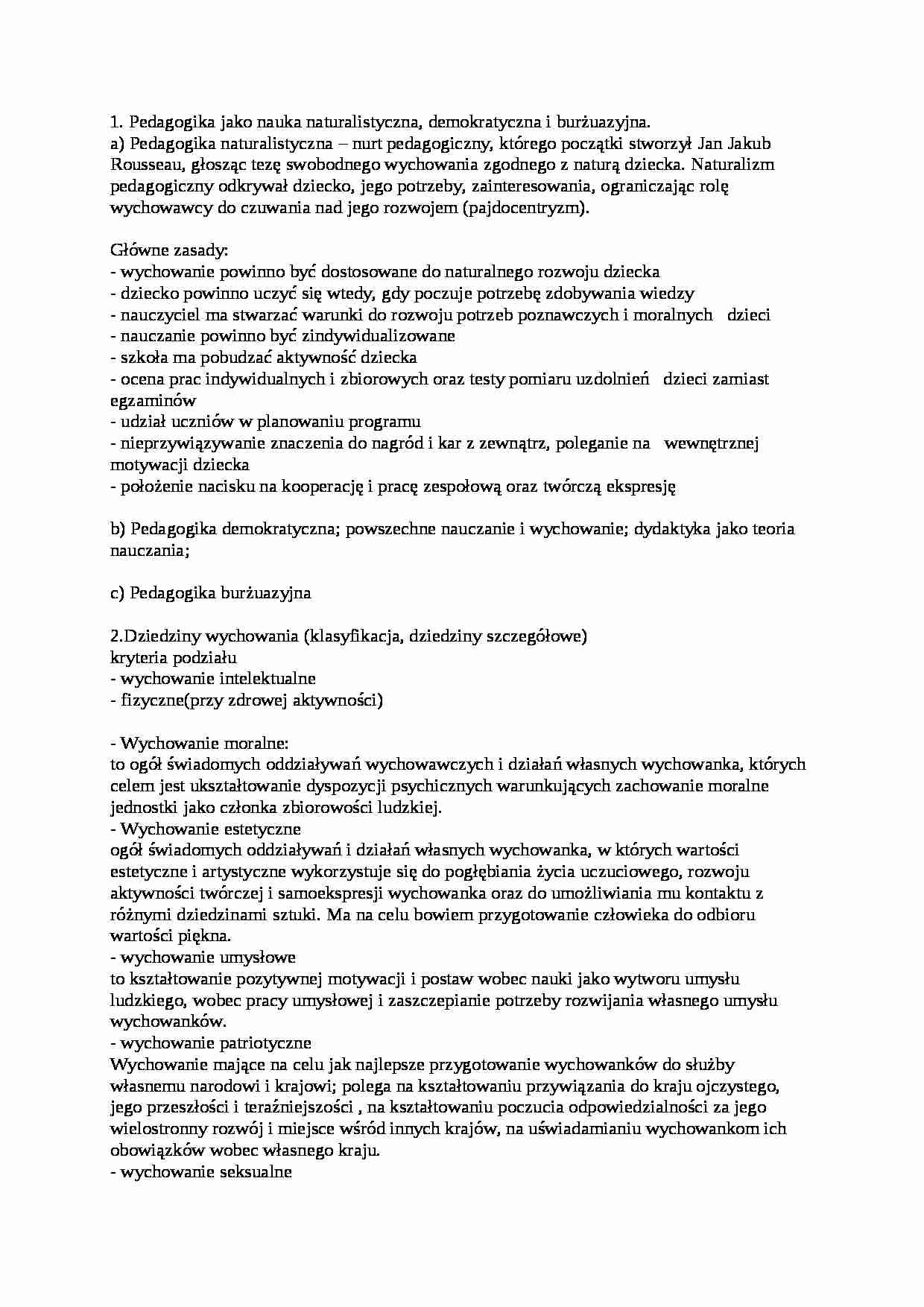 Pytania na zaliczenie - Pedagogika naturalistyczna - strona 1