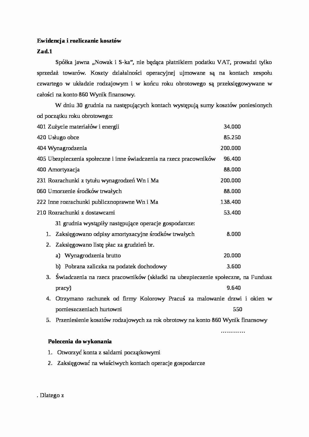 Zadania: Ewidencja i rozliczanie kosztów - strona 1