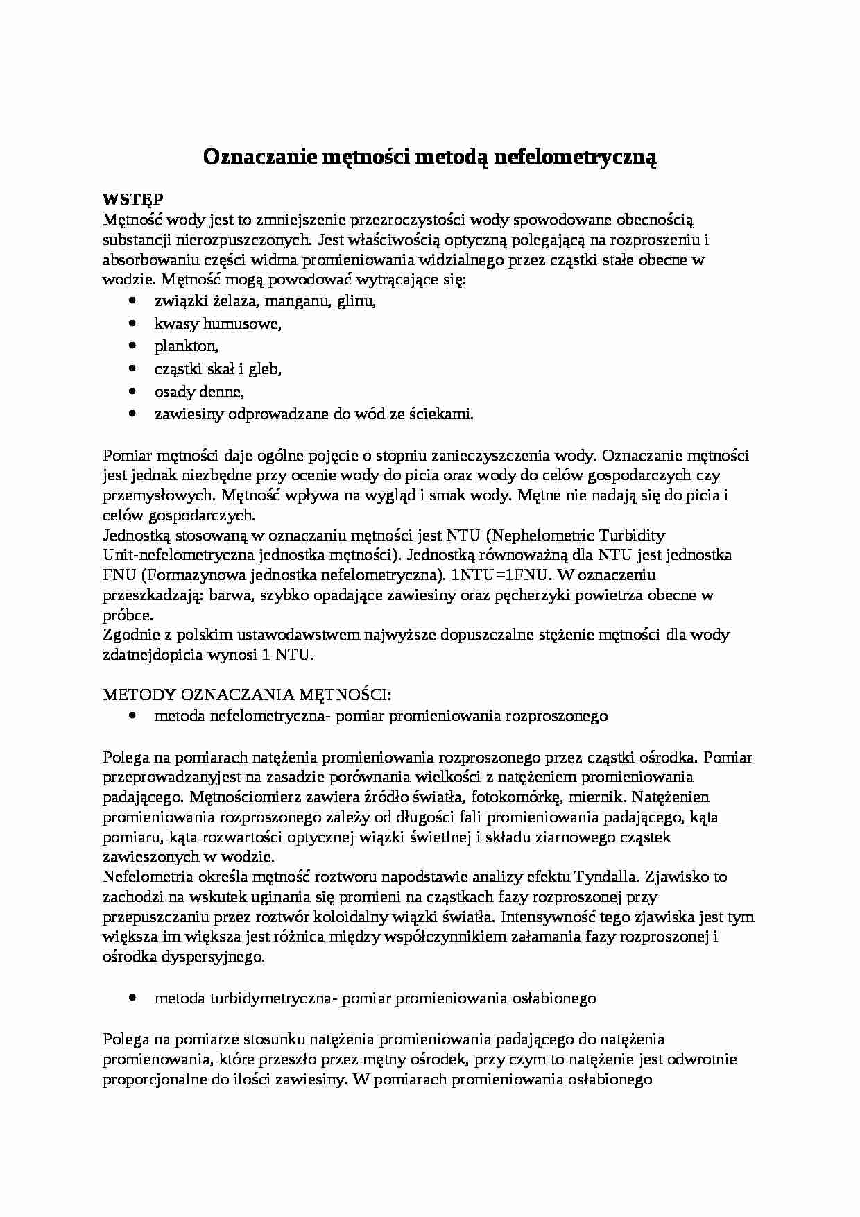 Sprawozdanie: Oznaczenie mętności metodą nefelometryczną - strona 1
