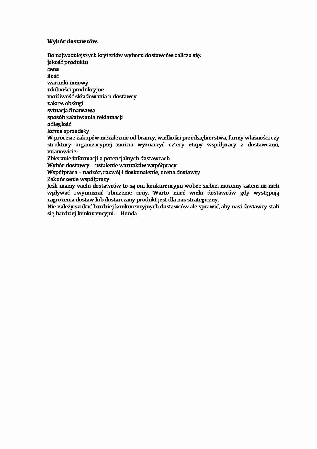 Wybór dostawców - kryteria - strona 1