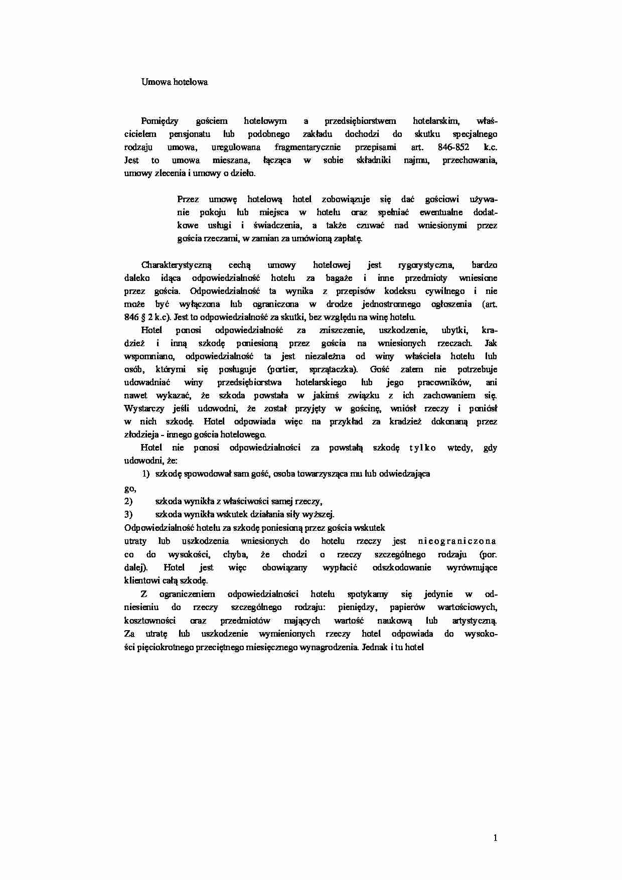 Umowa hotelowa - opis - strona 1