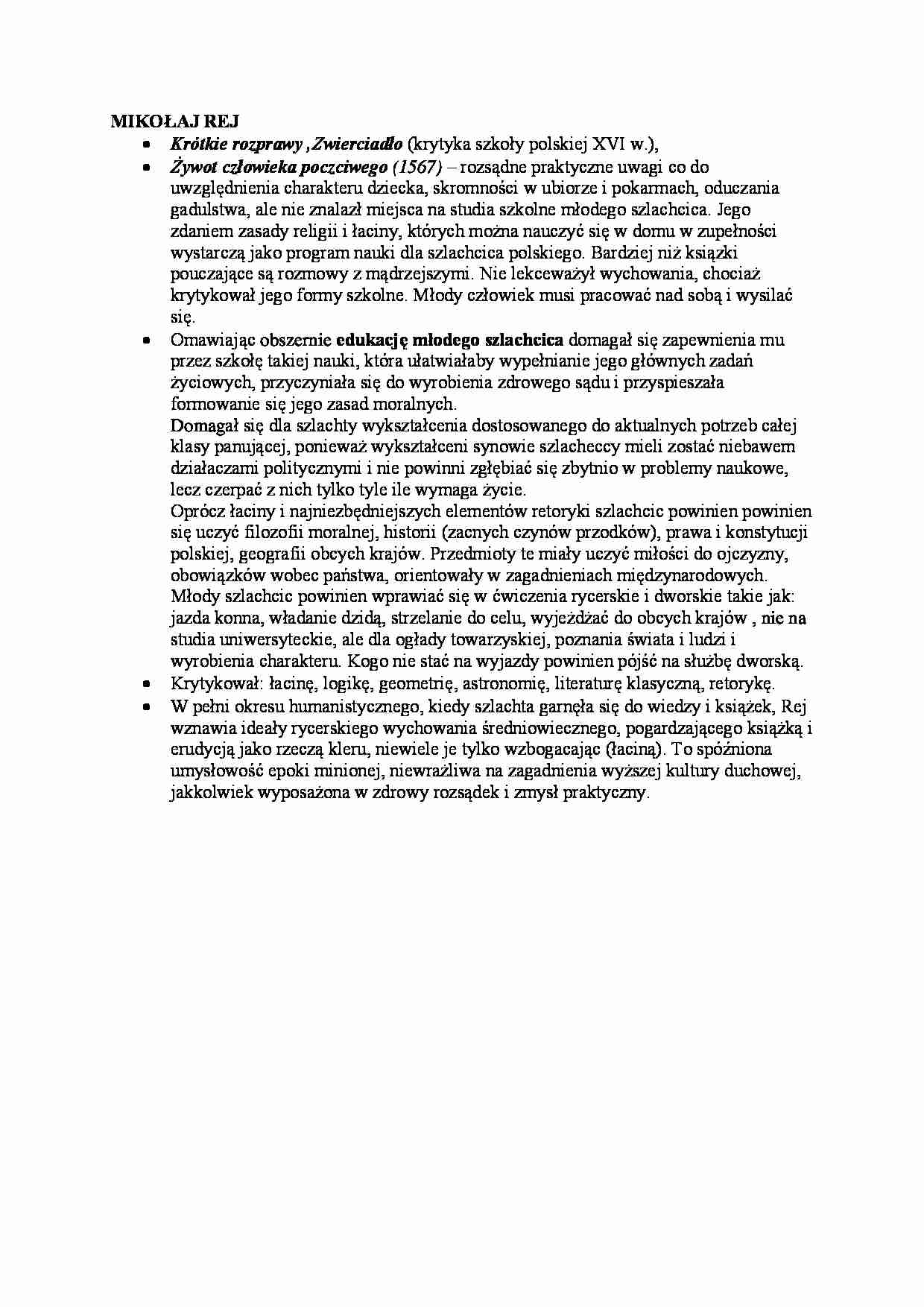 Historia wychowania - Mikołaj Rej - strona 1