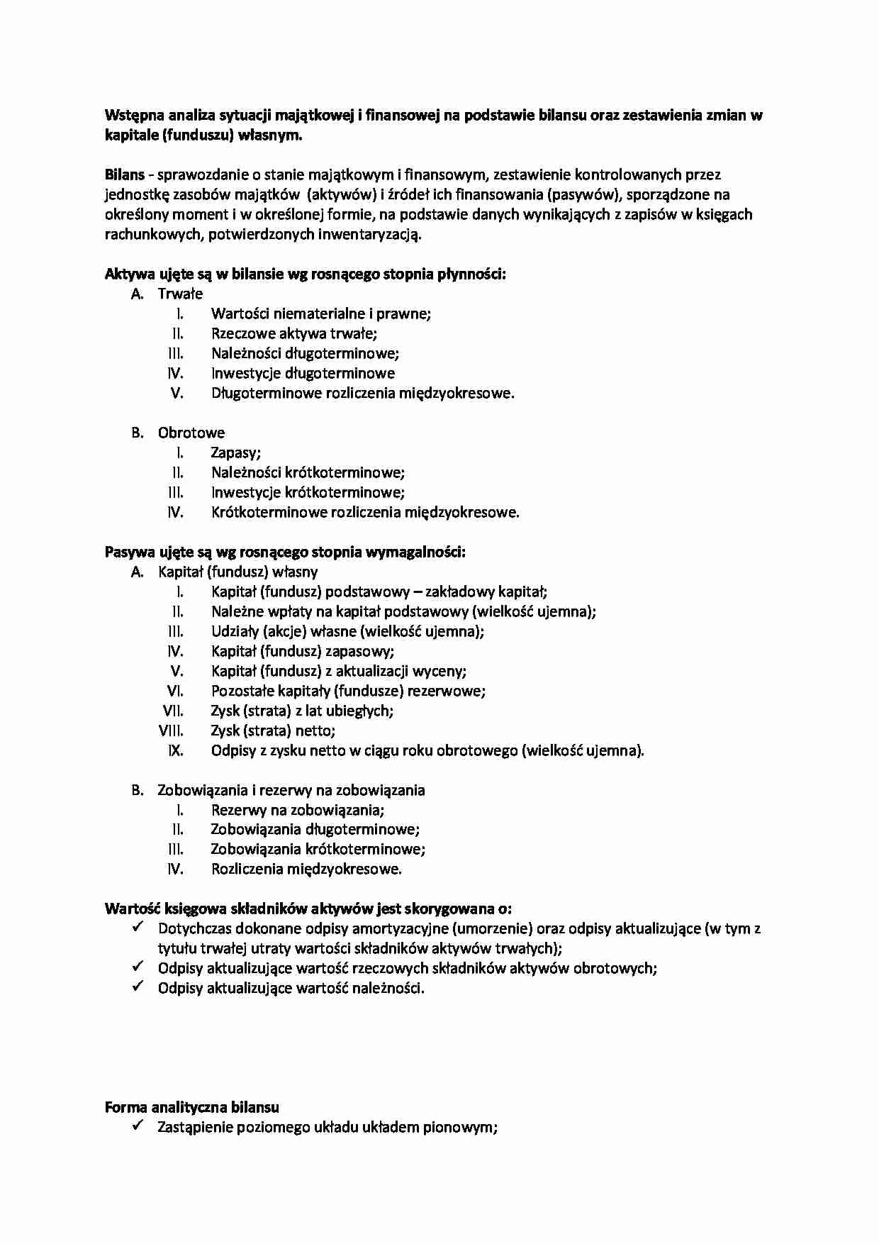 Wstępna analiza sytuacji majątkowej i finansowej na podstawie bilansu oraz zestawienia zmian w kapitale - strona 1