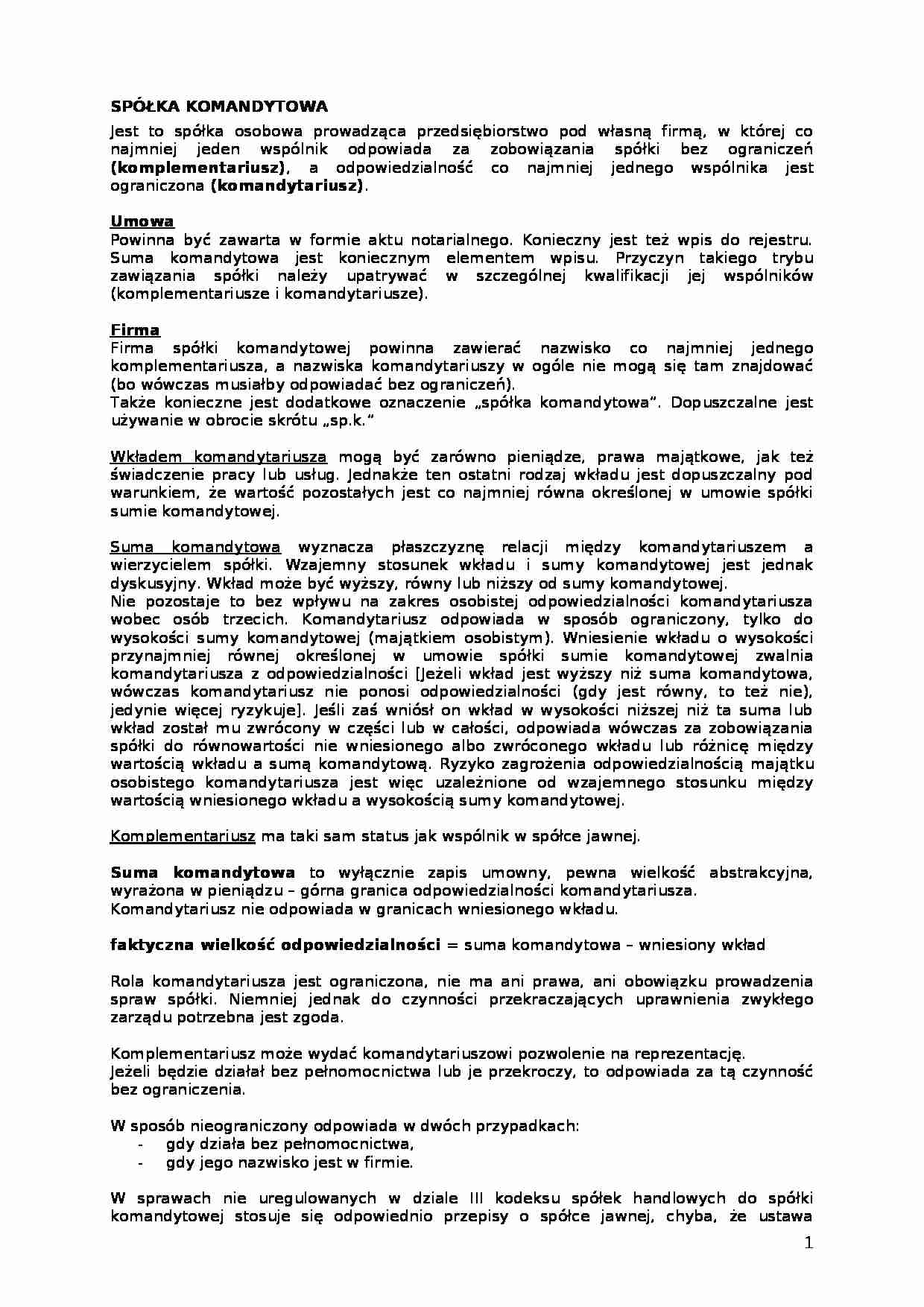 Spółka komandytowa-opracowanie - strona 1