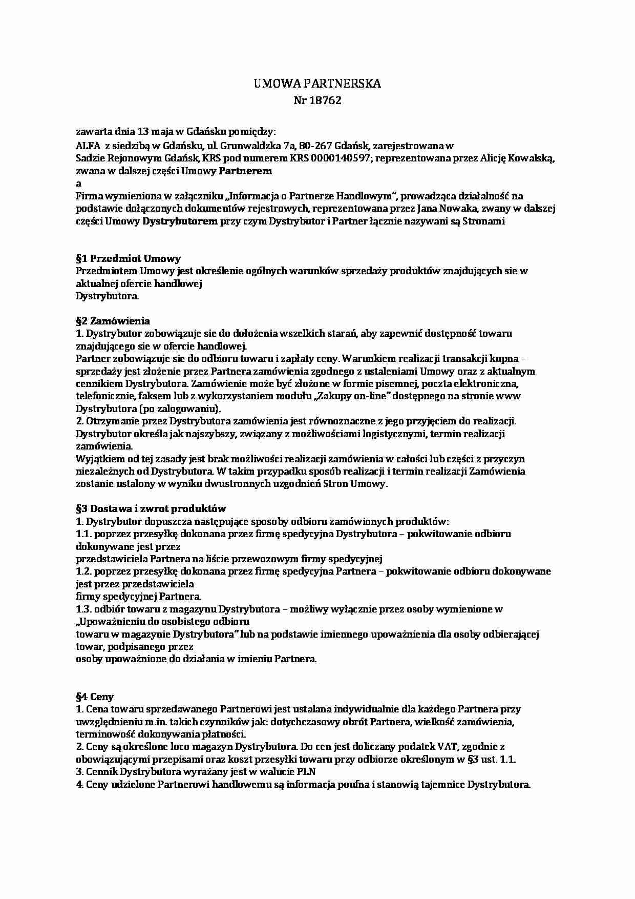 Umowa partnerska - strona 1