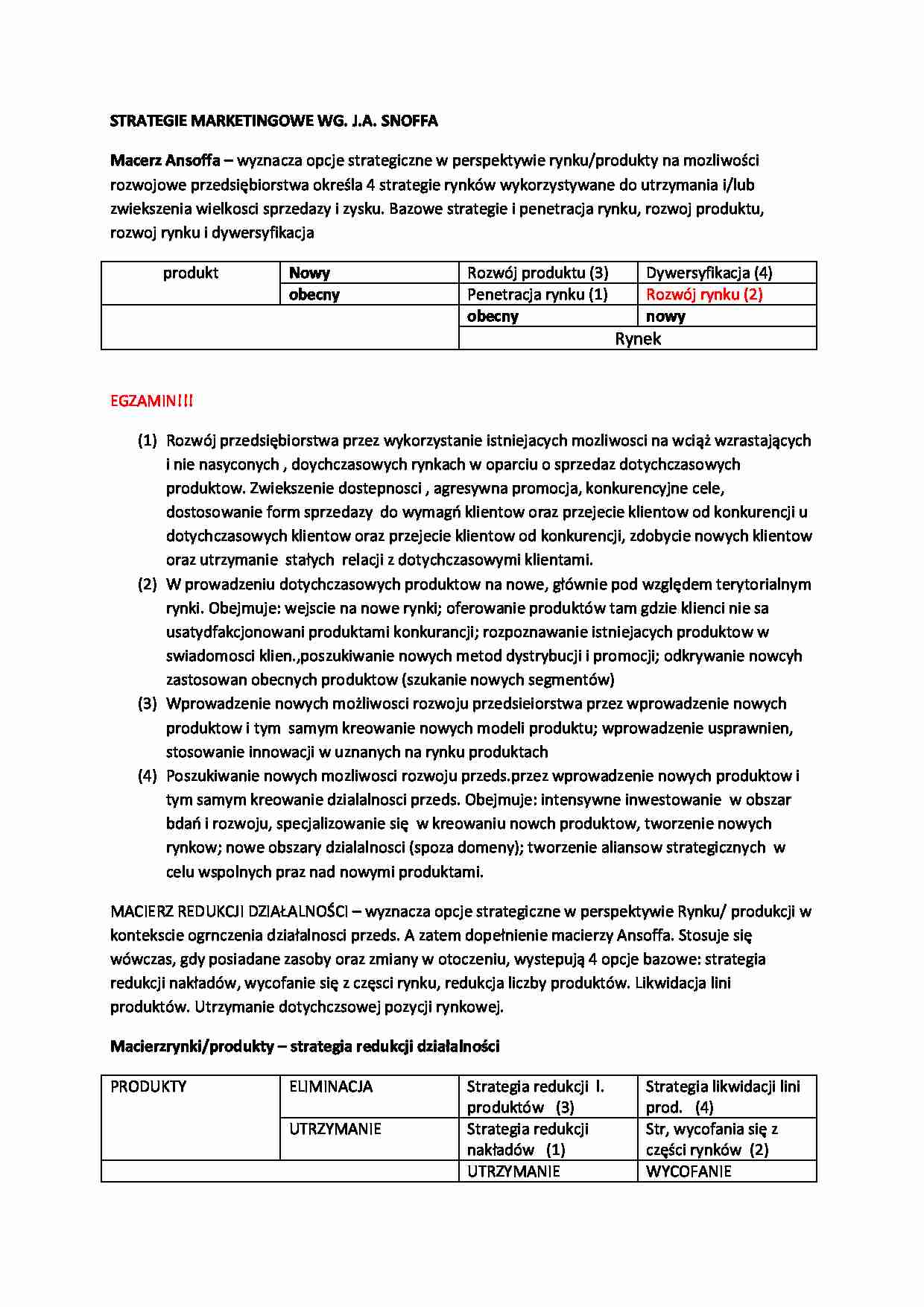 Strategie marketingowe według Snoffa - strona 1