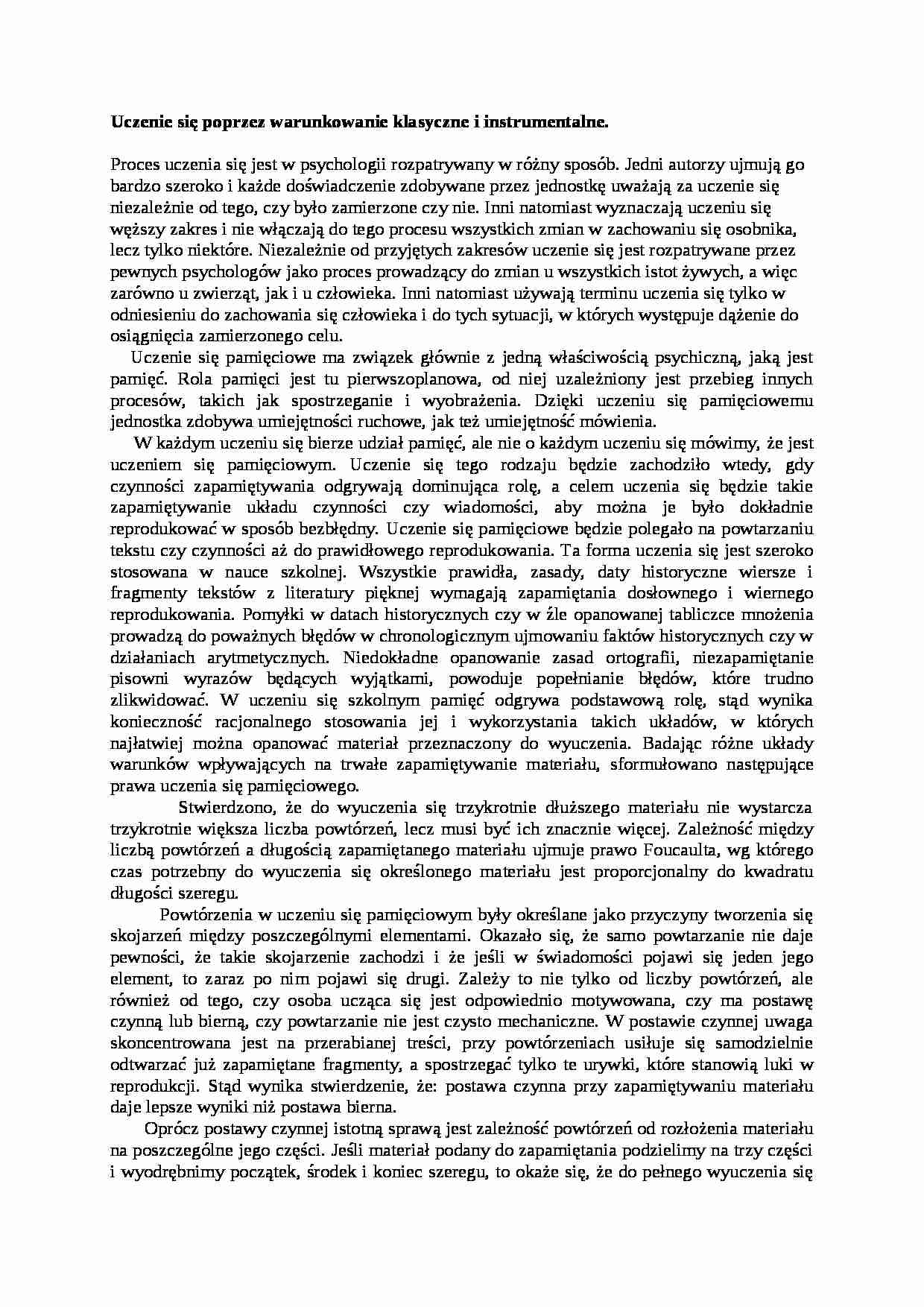 Uczenie się poprzez warunkowanie klasyczne i instrumentalne - strona 1