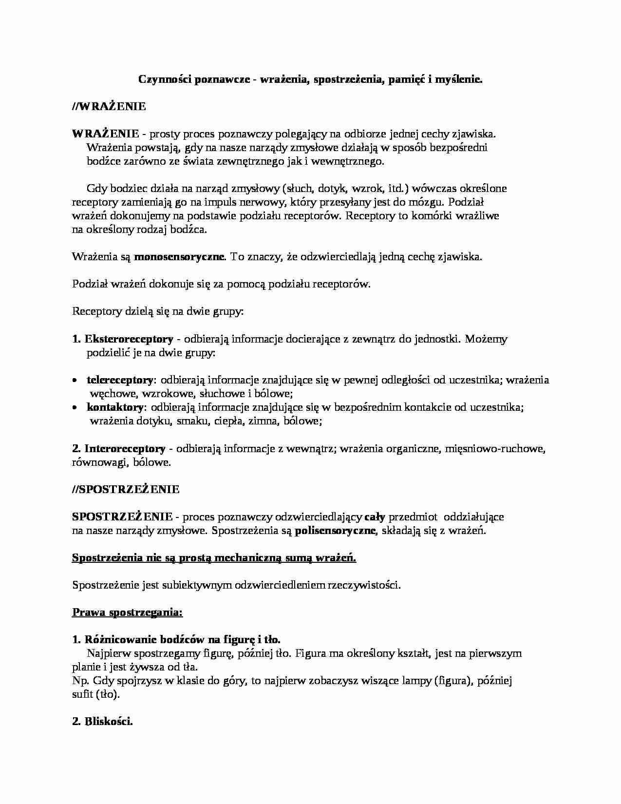 Czynności poznawcze - wrażenia, spostrzeżenia, pamięć i myślenie - strona 1