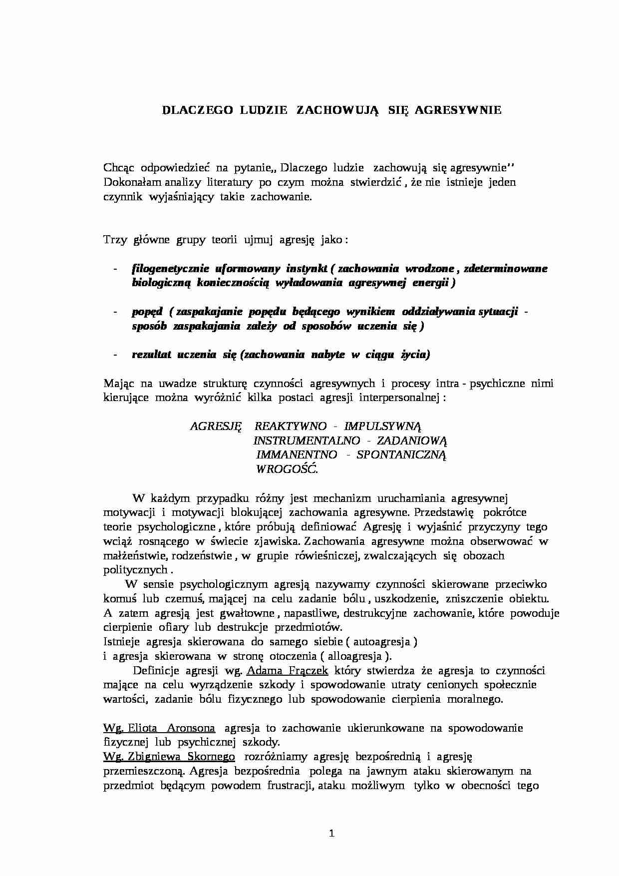 Dlaczego ludzie zachowują się agresywnie-opracowanie - strona 1