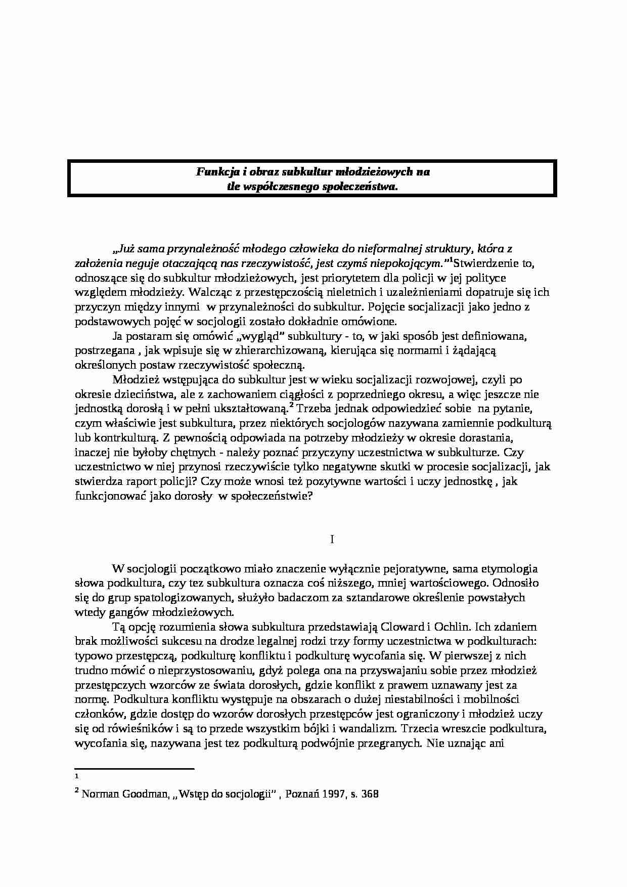 Funkcja i obraz subkultur młodzieżowych na tle współczesnego społeczeństwa - strona 1