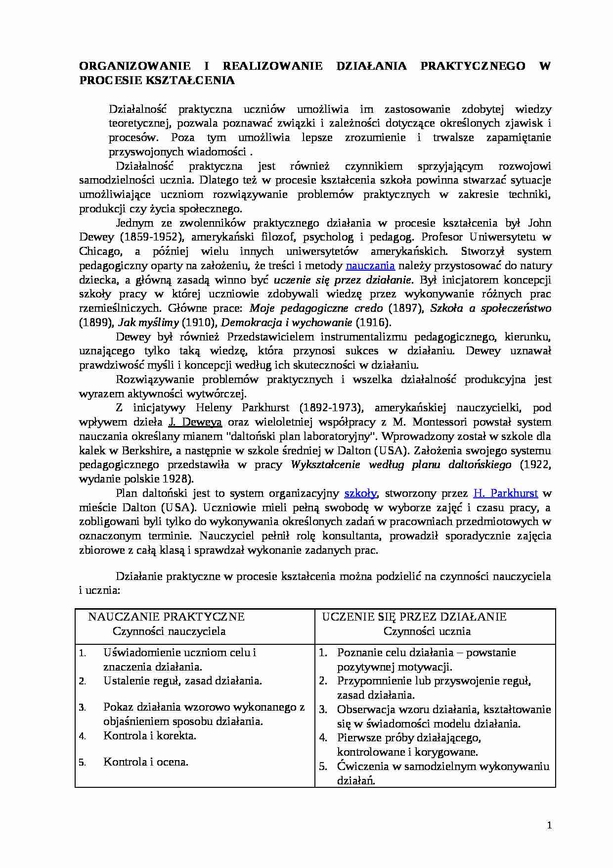 Proces kształcenia- organizowanie i realizowanie działania praktycznego - strona 1