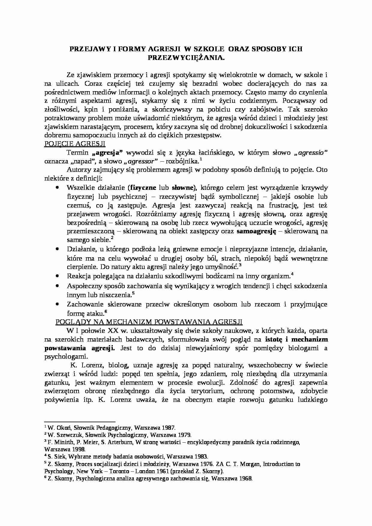 Przejawy i formy agresji w szkole oraz sposoby ich przezwyciężania - strona 1