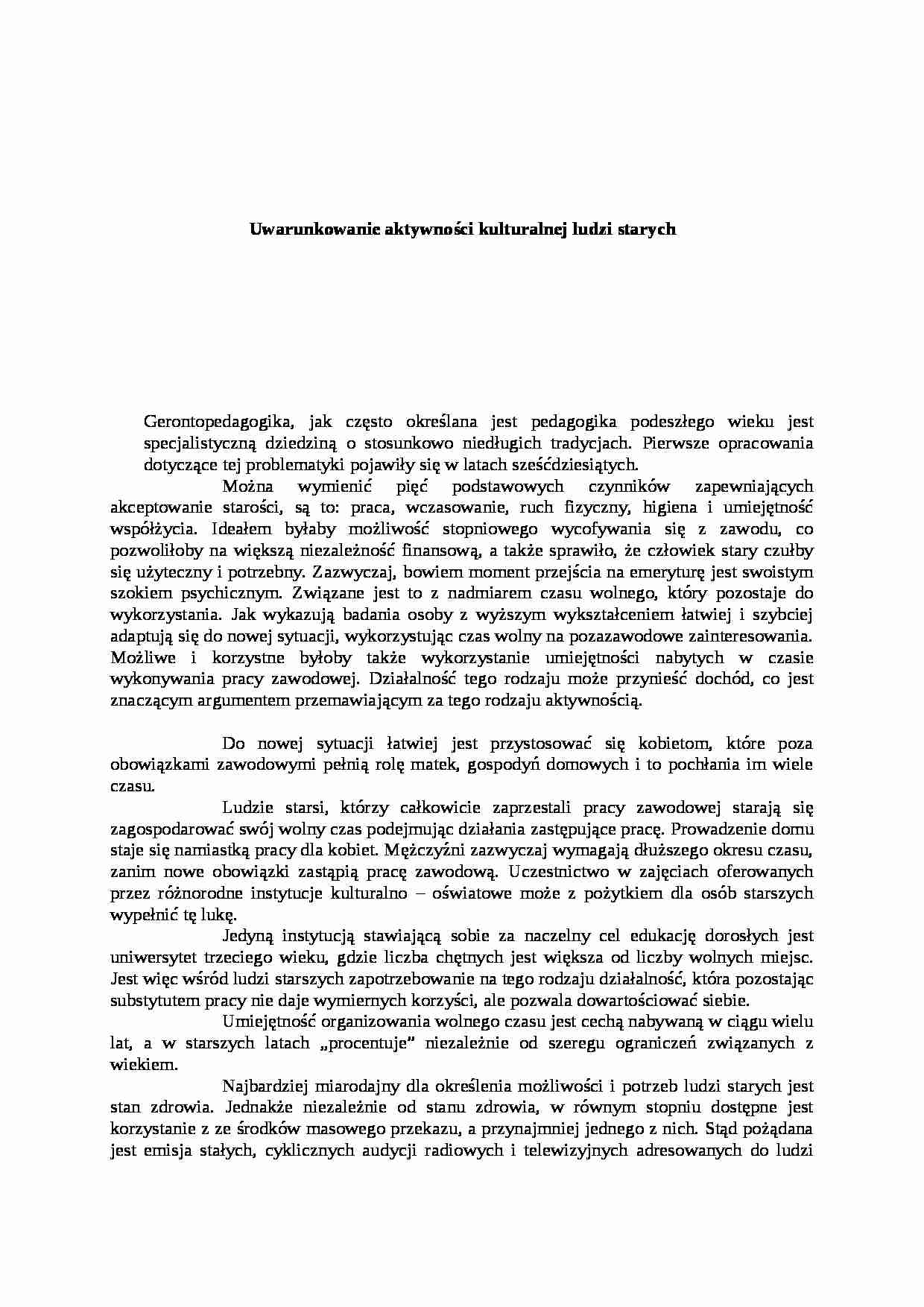 Uwarunkowanie aktywności kulturalnej ludzi starych - strona 1