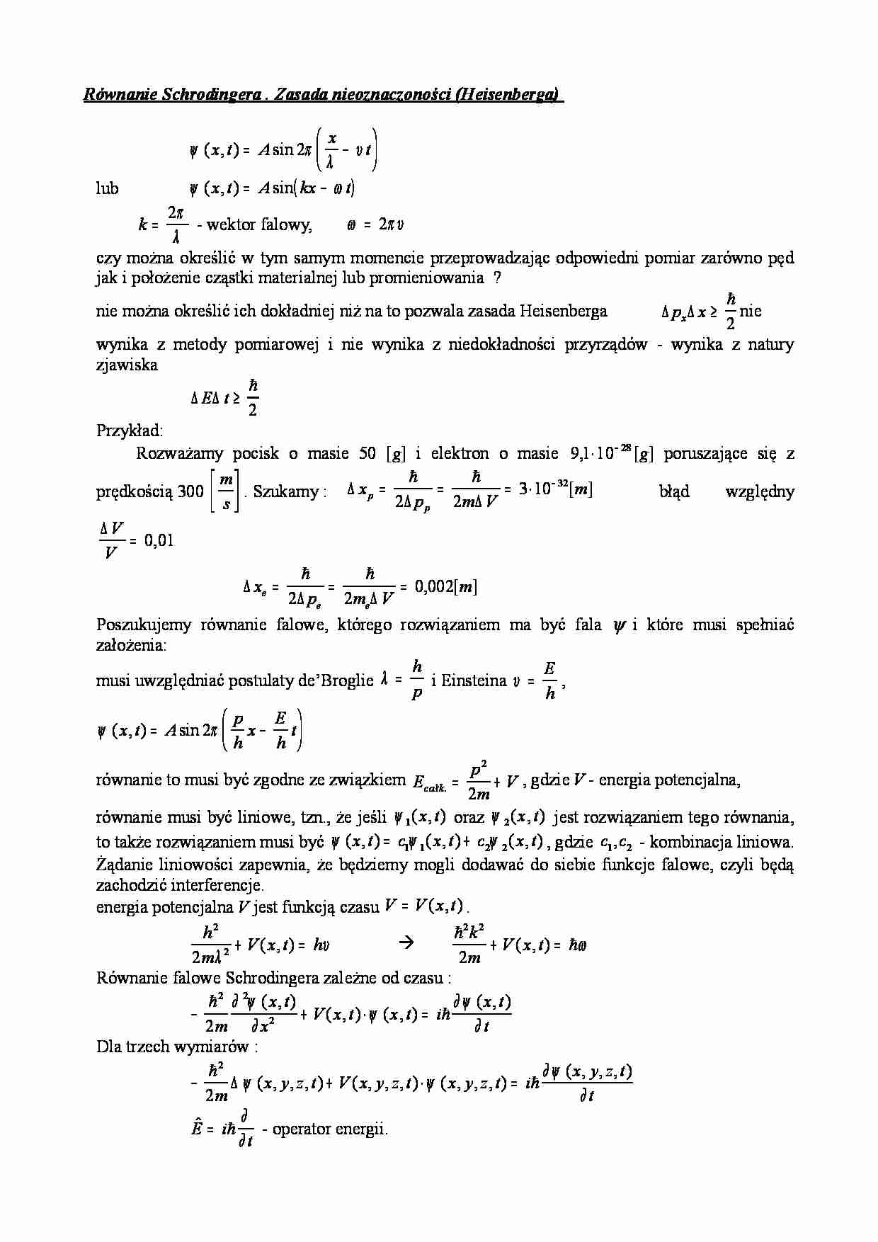 Rwnanie Schrodingera . Zasada nieoznaczoności - strona 1