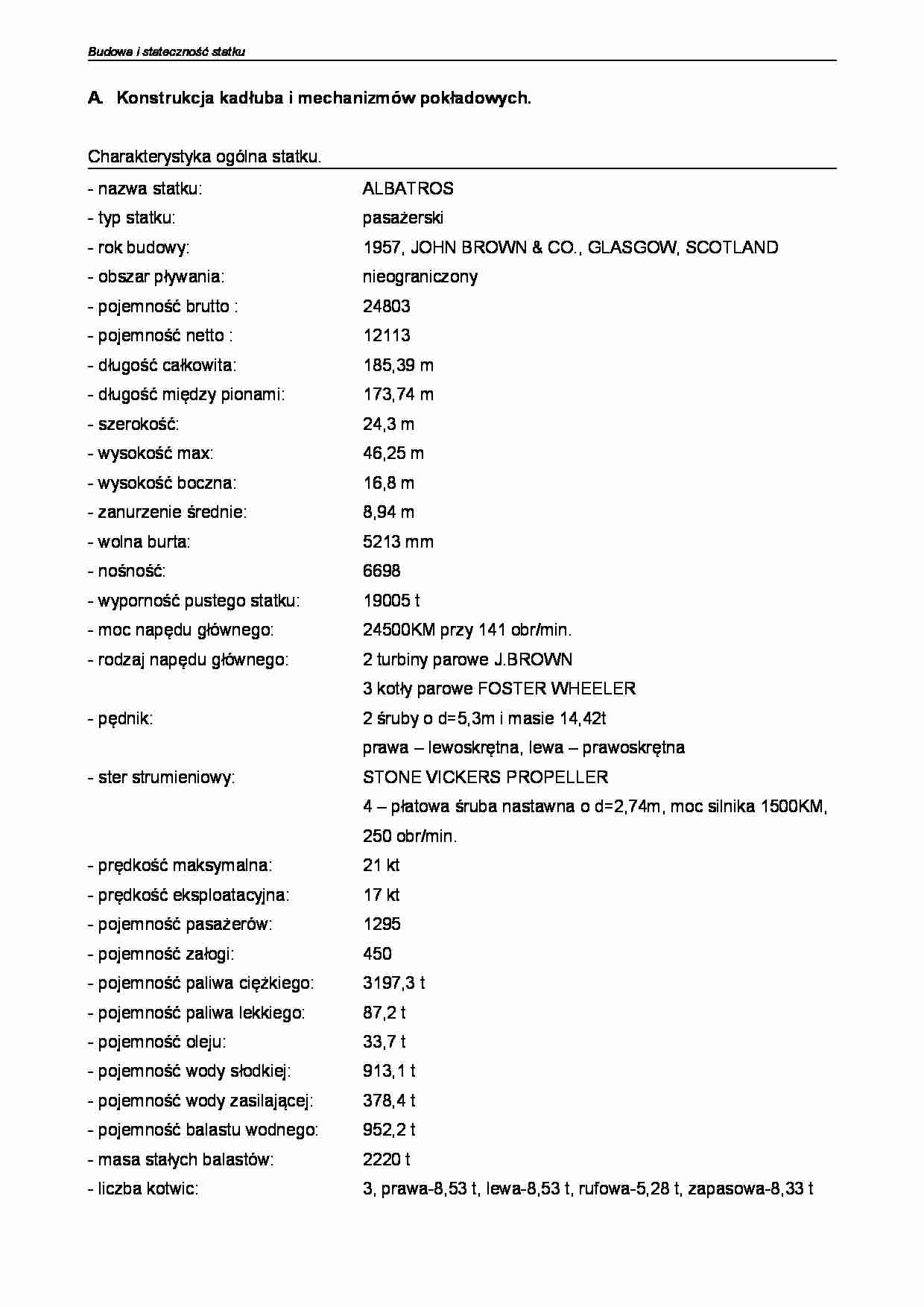 Konstrukcja kadłuba i mechanizmów pokładowych - Albatros - strona 1