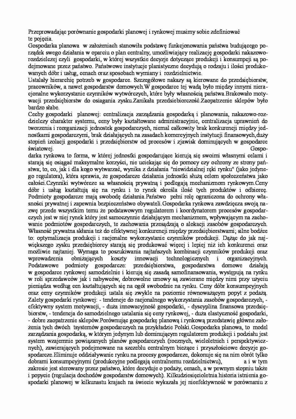 Porwnanie gospodarki planowej i rynkowej - strona 1