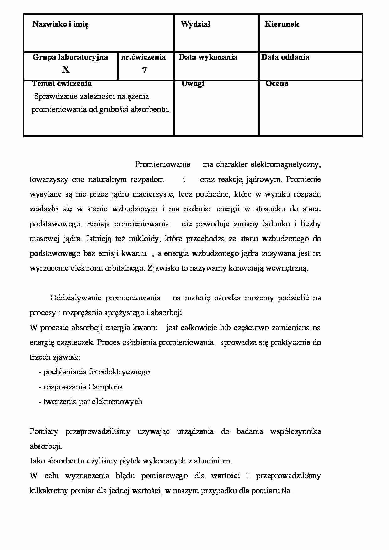 Zależność natężenia promieniowania od grubości absorbentu - strona 1