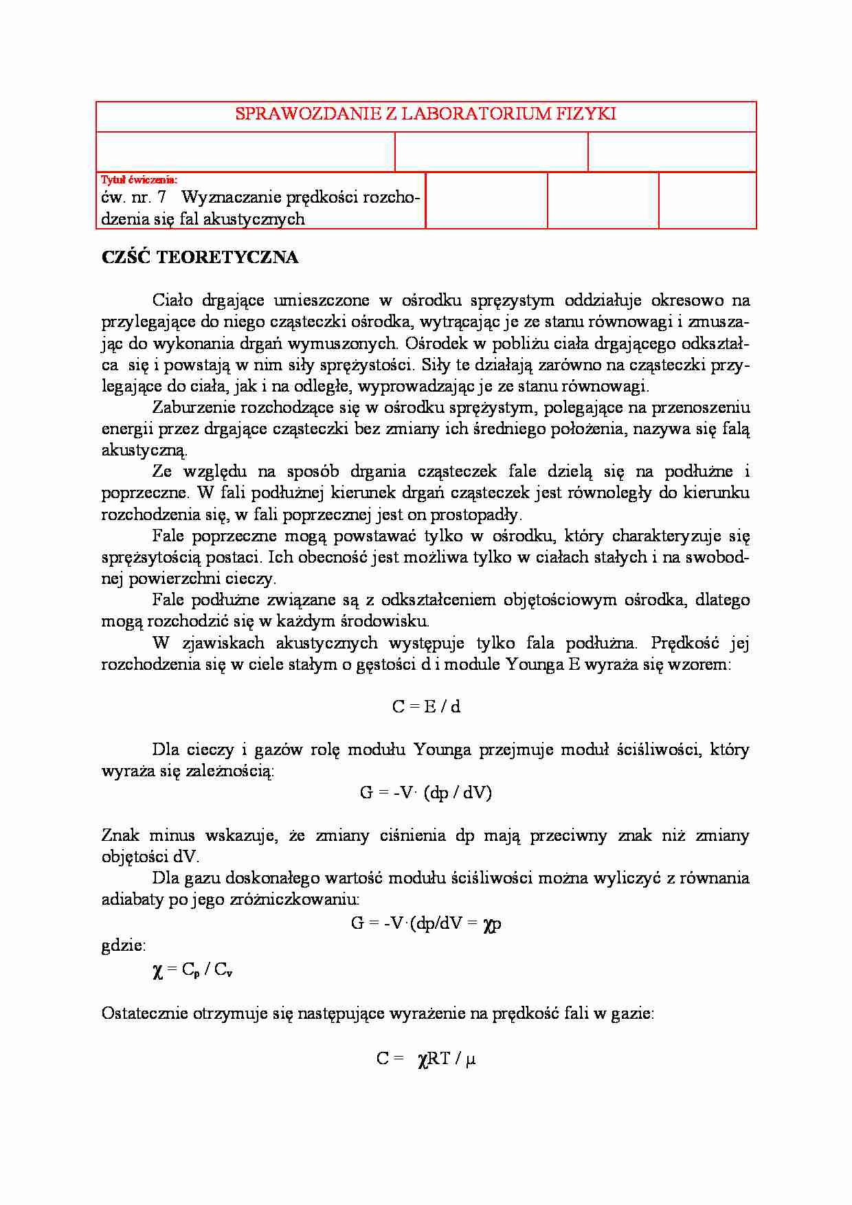 Wyznaczanie prędkosci rozchodzenia się fal akustycznych - strona 1