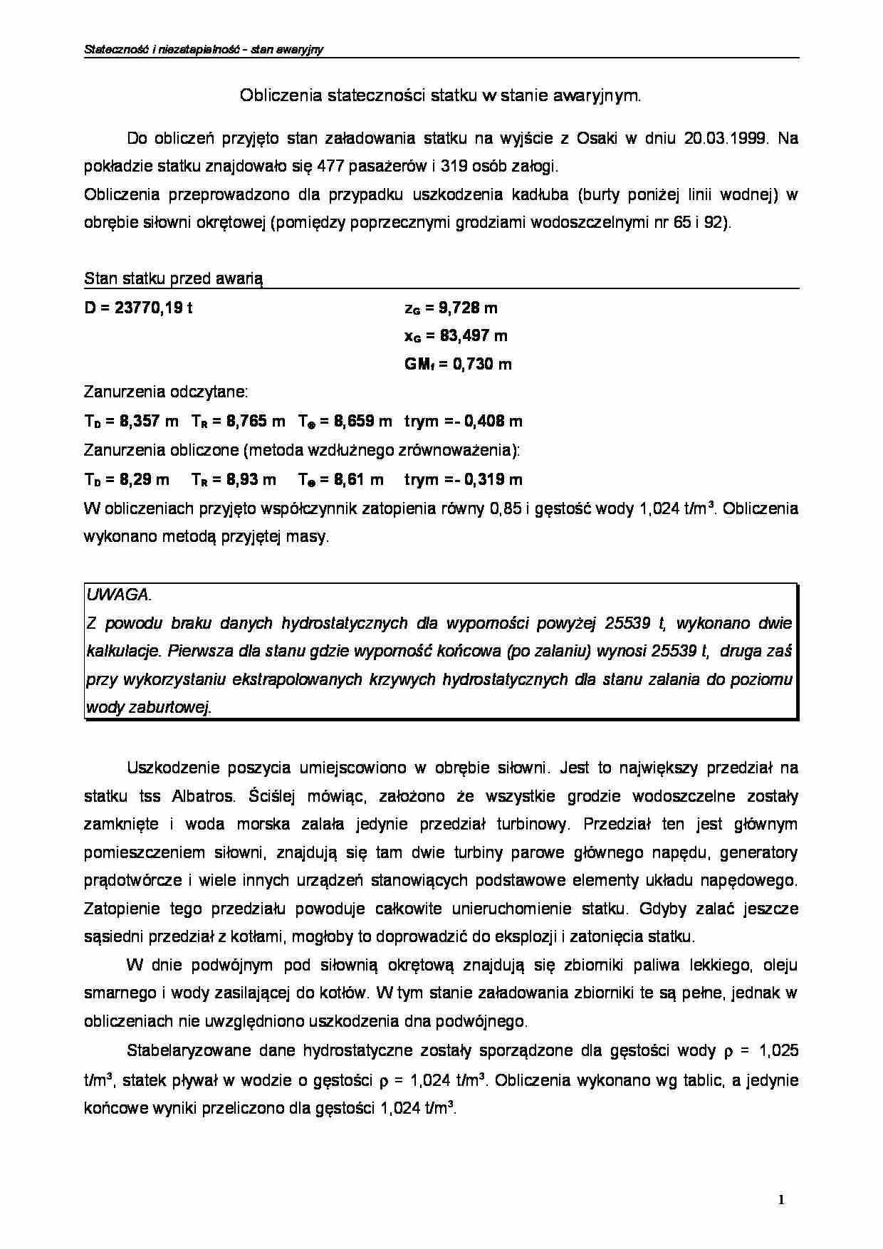 Obliczenia stateczności statku w stanie awaryjnym - strona 1
