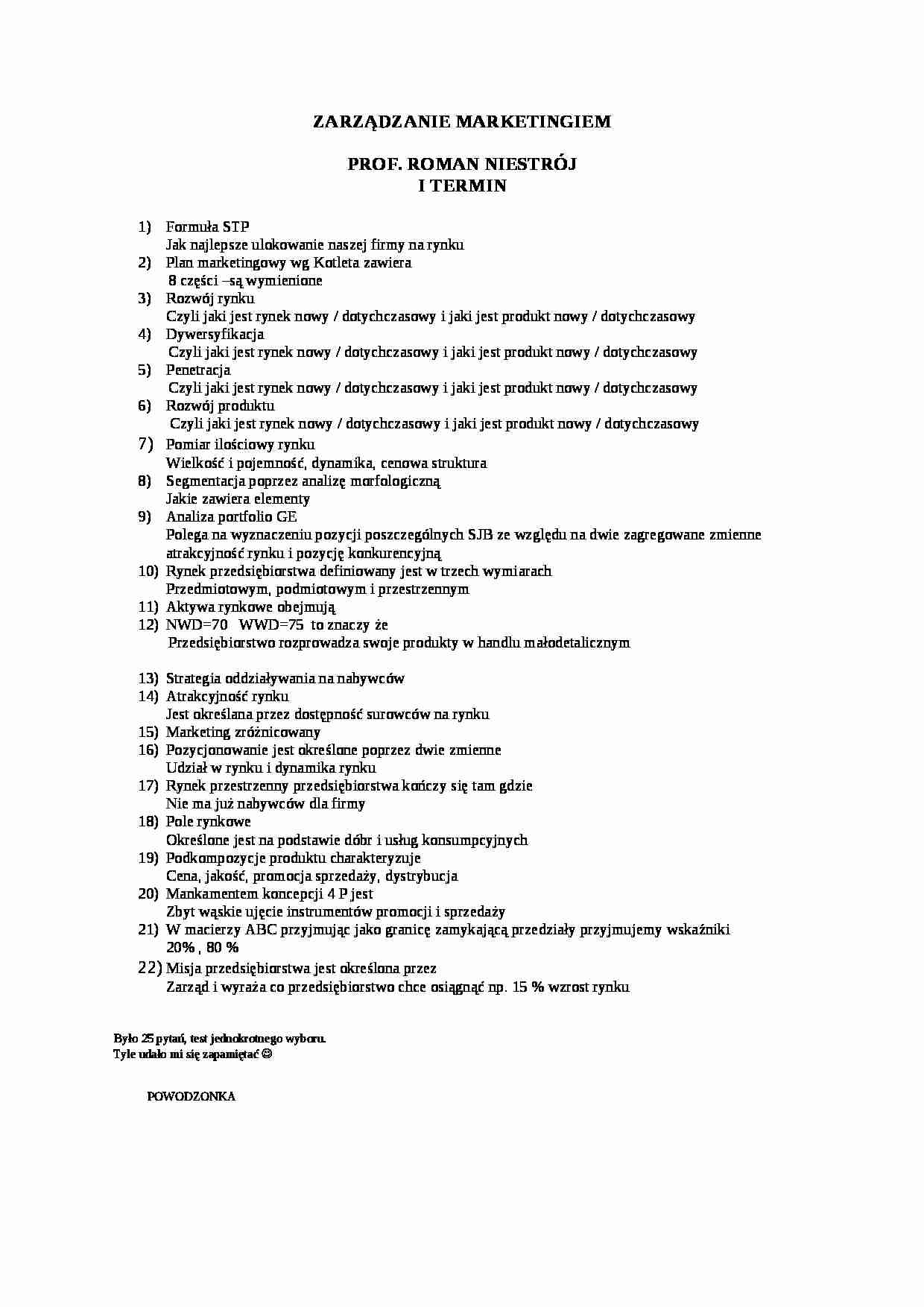 Zarządzanie marketingiem - egzamin - strona 1