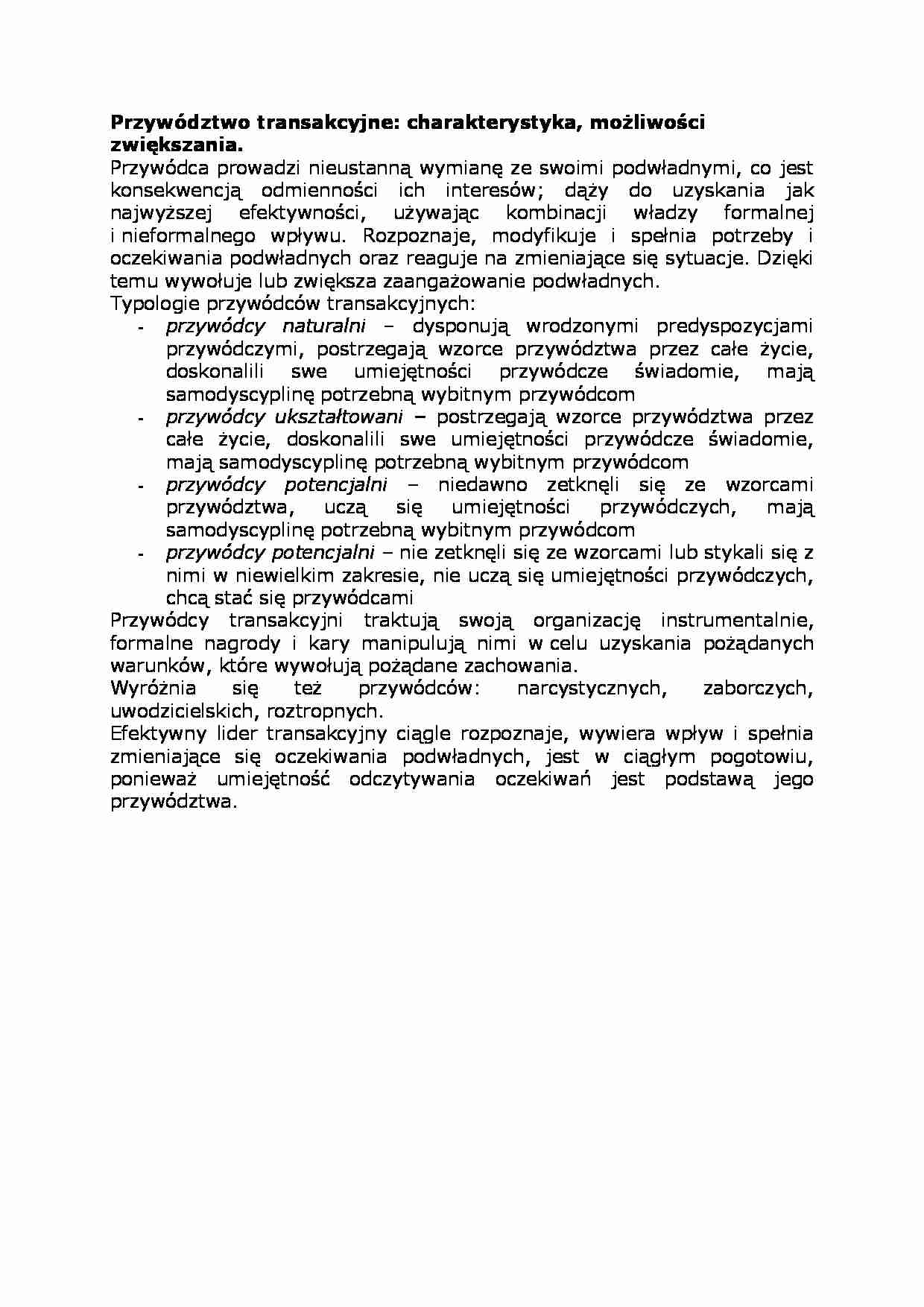 Przywództwo transakcyjne - charakterystyka - strona 1
