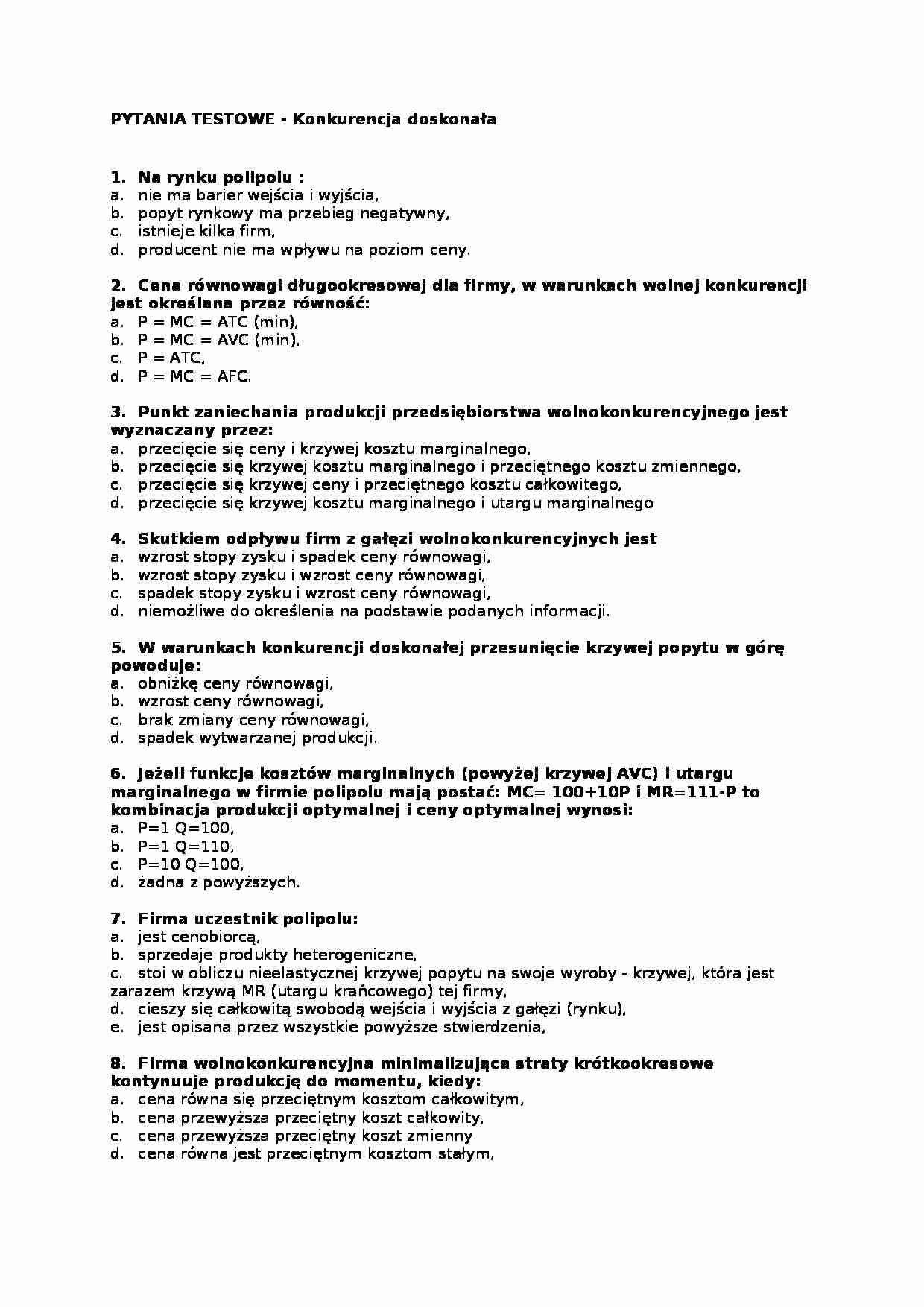 Pytania na egzamin - konkurencja doskonała  - strona 1